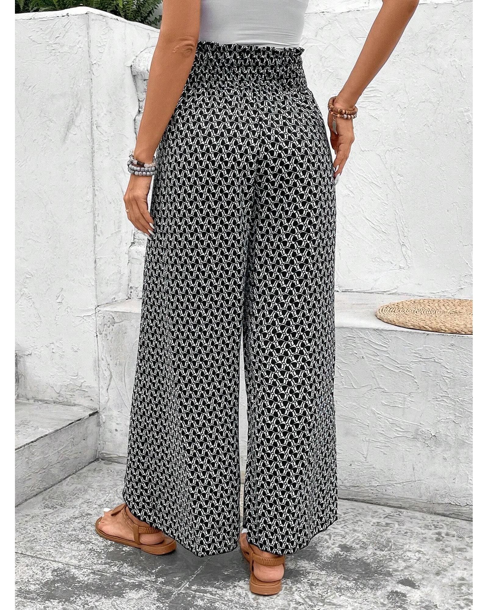 Black Bohemian Print Slit Wide Leg Smocked High Waist Pants - XL