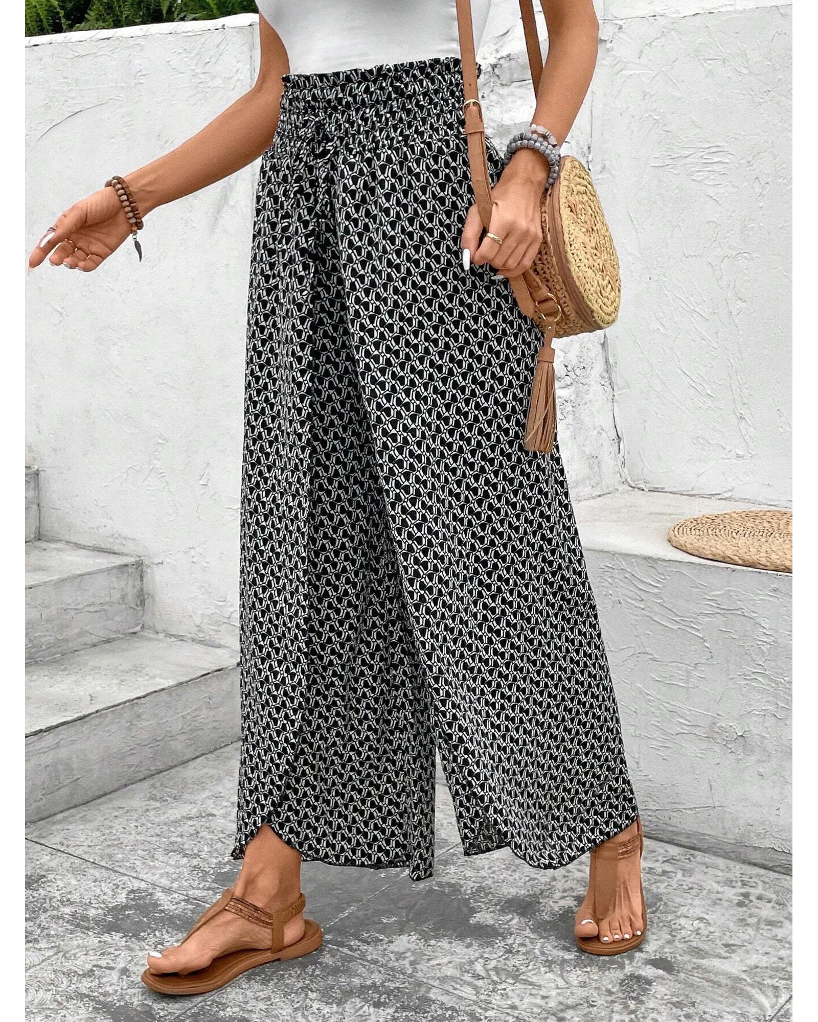Black Bohemian Print Slit Wide Leg Smocked High Waist Pants - XL 3