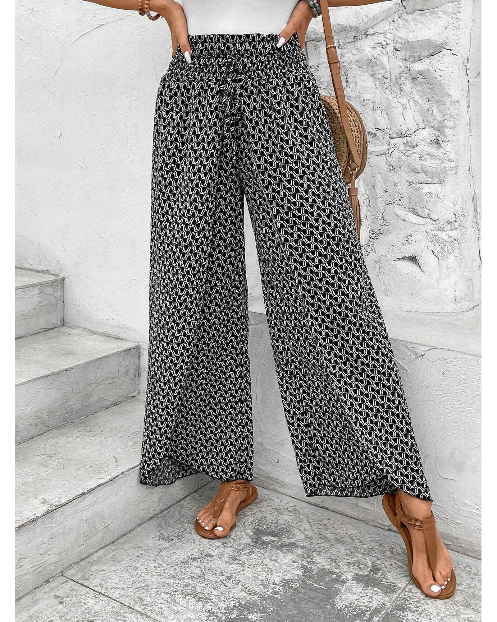 Black Bohemian Print Slit Wide Leg Smocked High Waist Pants - XL 4