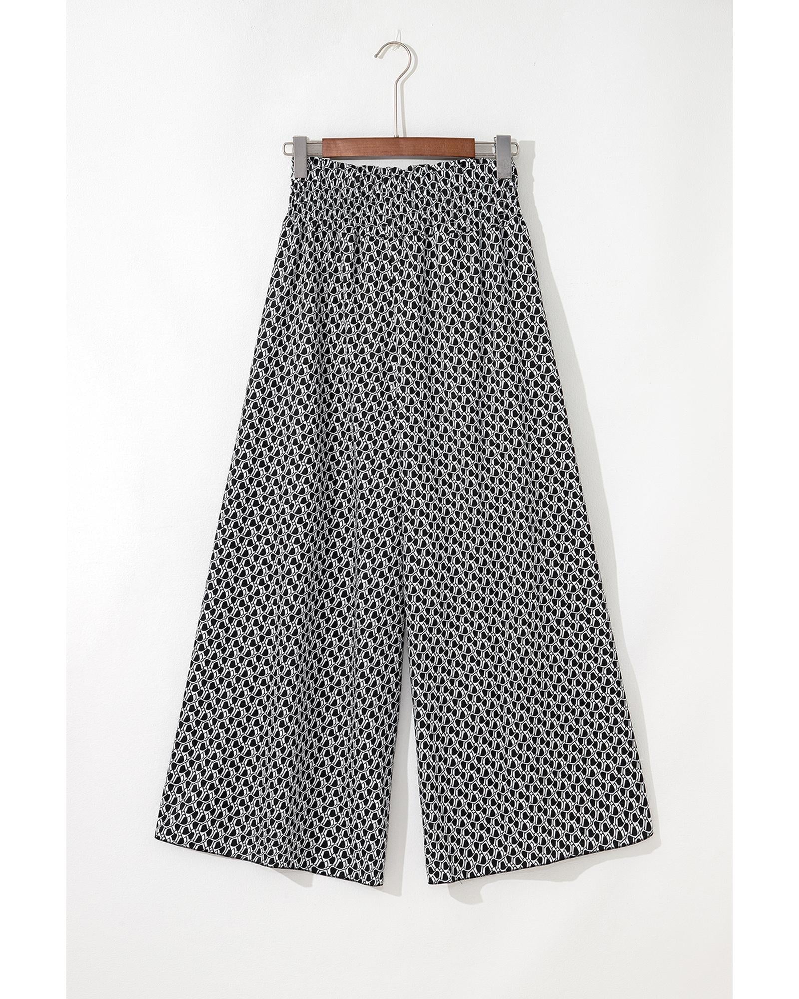 Black Bohemian Print Slit Wide Leg Smocked High Waist Pants - XL 6