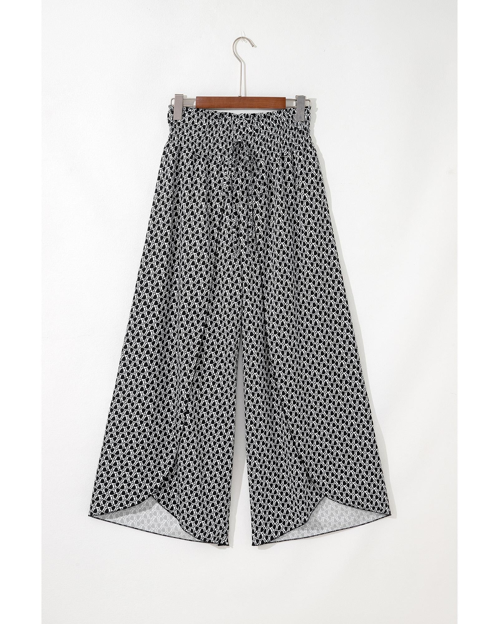 Black Bohemian Print Slit Wide Leg Smocked High Waist Pants - XL 7