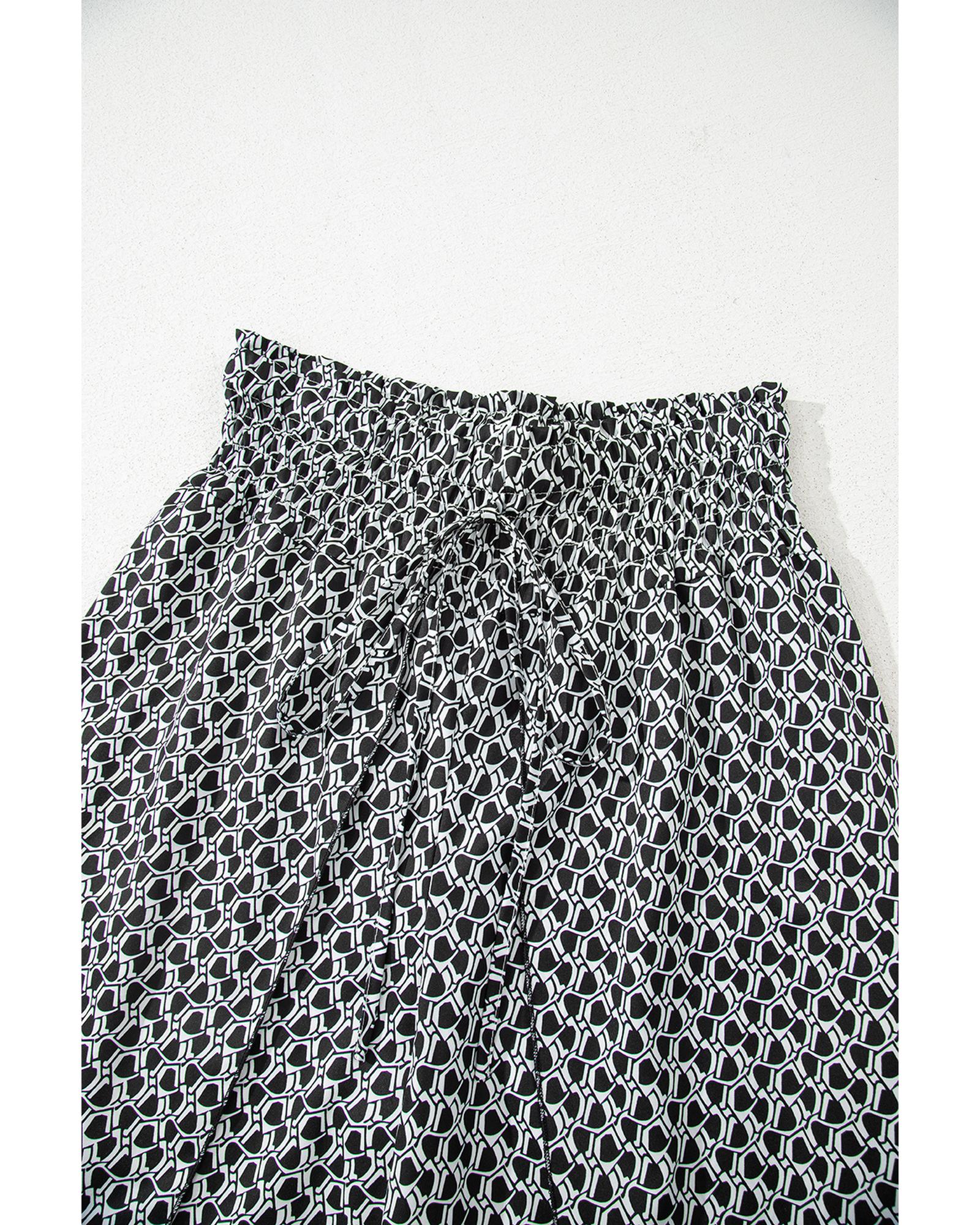 Black Bohemian Print Slit Wide Leg Smocked High Waist Pants - XL 8