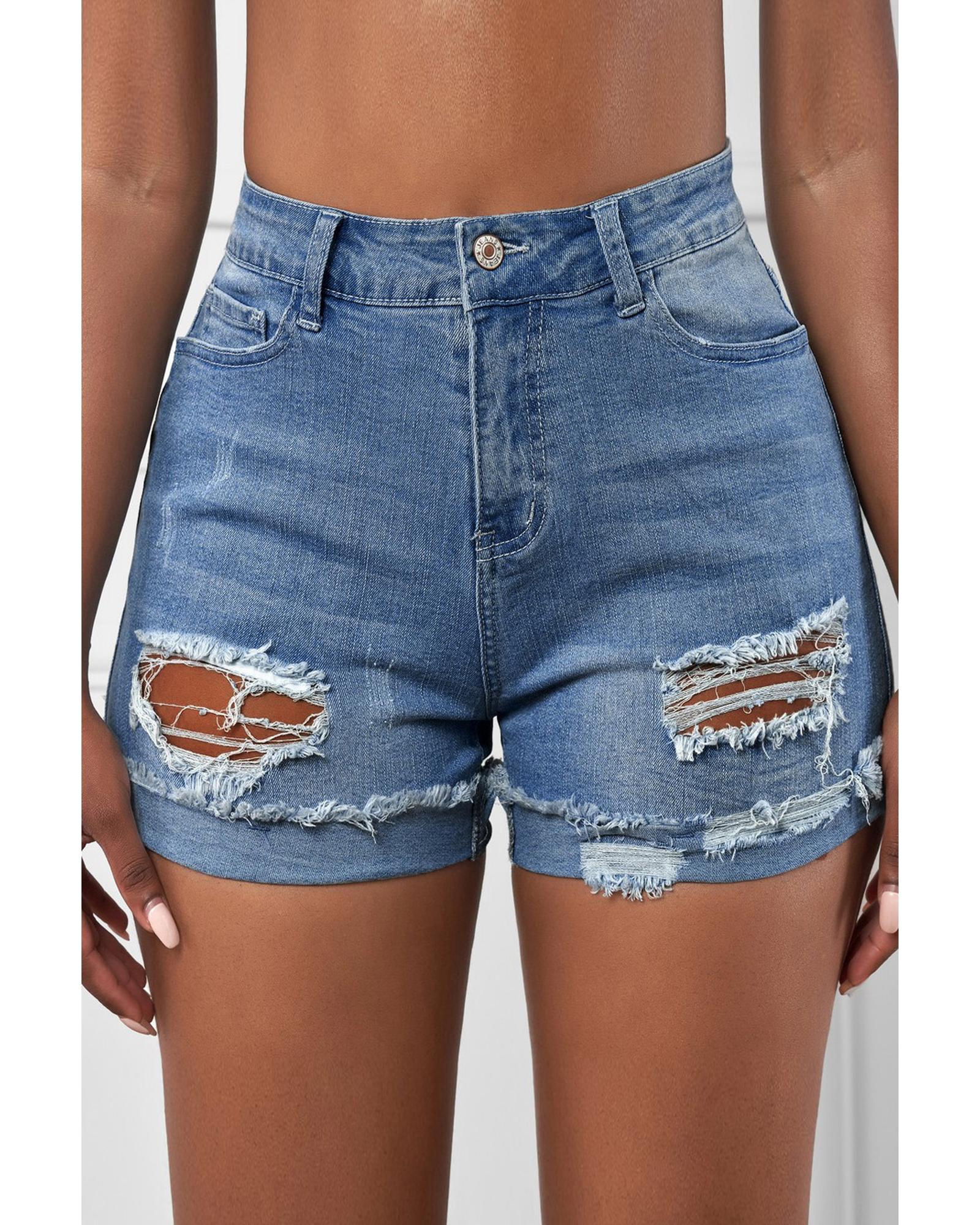 Azura Exchange Distressed Ripped Rolled Hem Sky Blue Denim Shorts - S