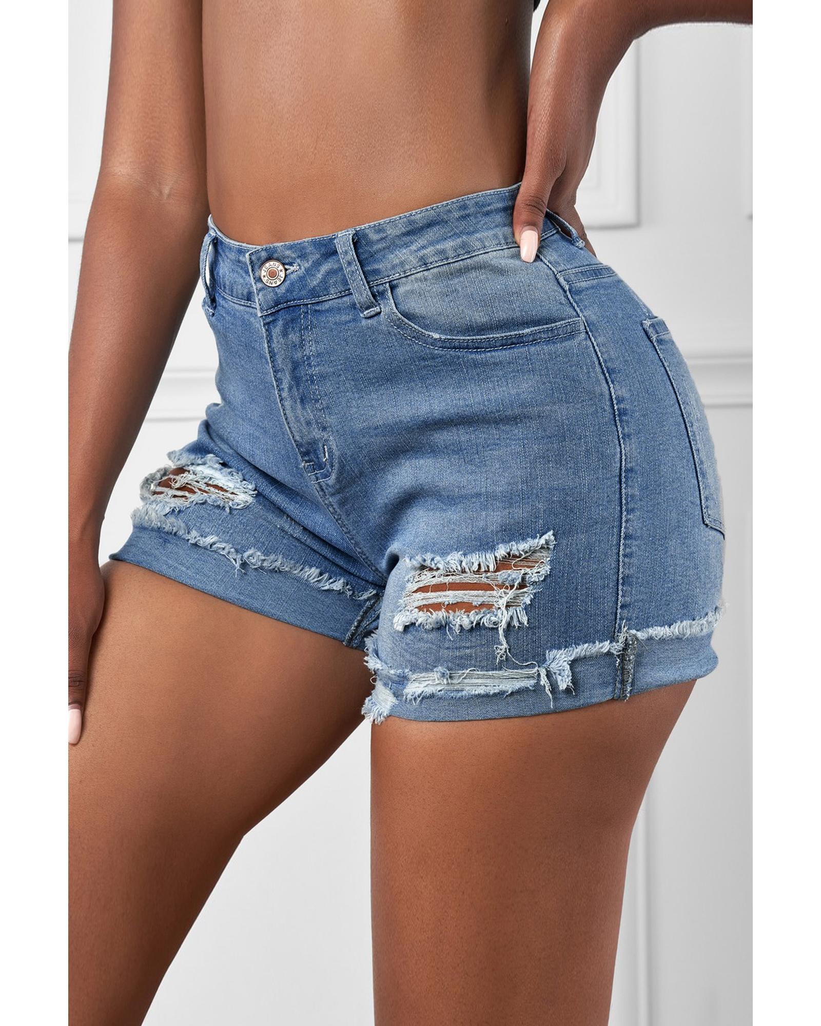 Azura Exchange Distressed Ripped Rolled Hem Sky Blue Denim Shorts - S 3