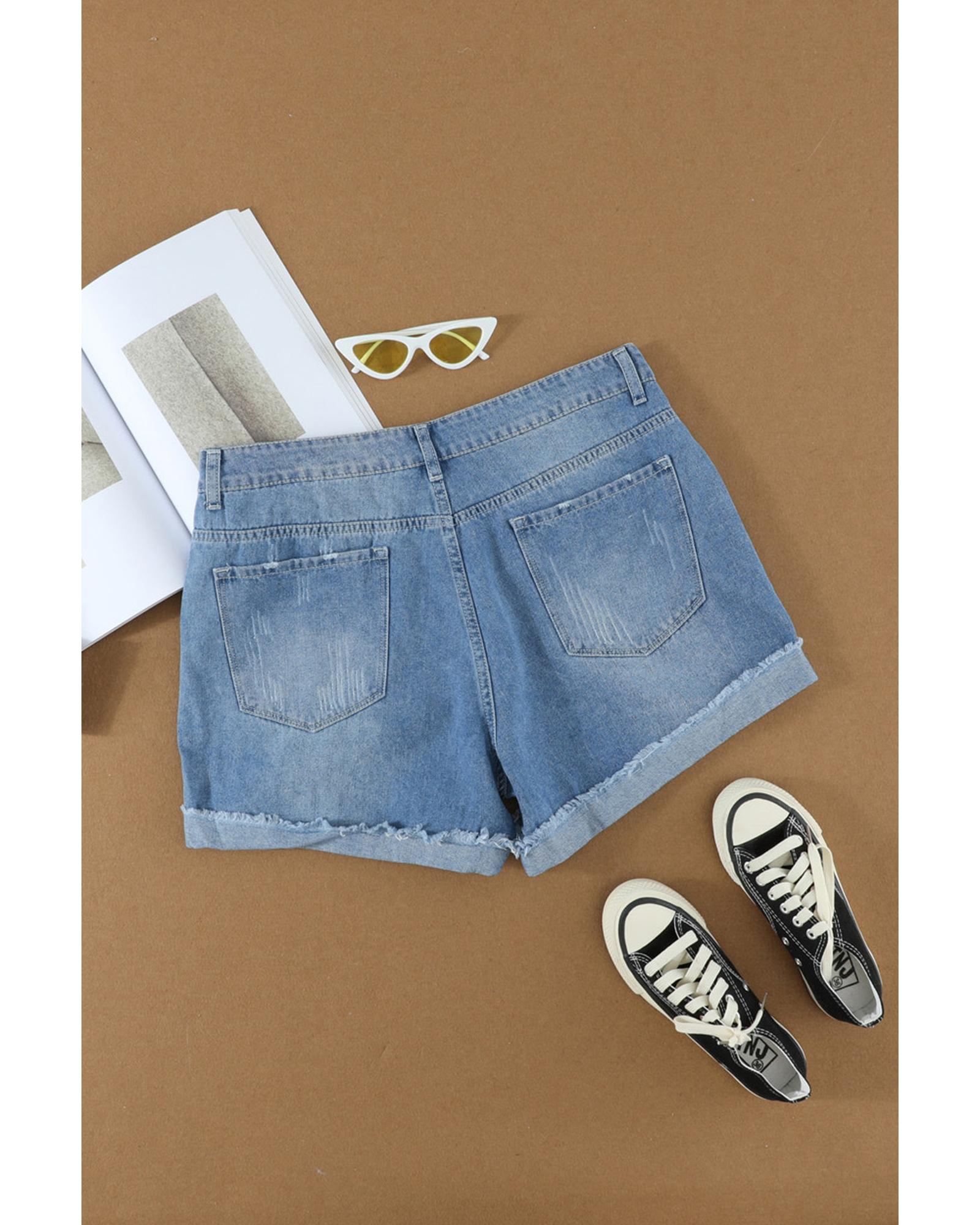 Azura Exchange Distressed Ripped Rolled Hem Sky Blue Denim Shorts - S 4