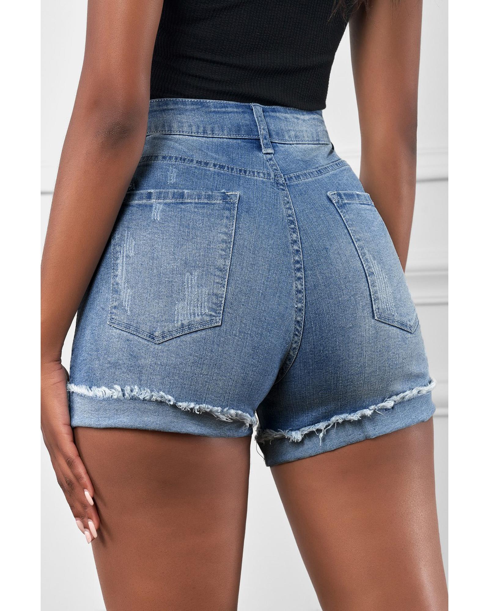 Azura Exchange Distressed Ripped Rolled Hem Sky Blue Denim Shorts - S 6