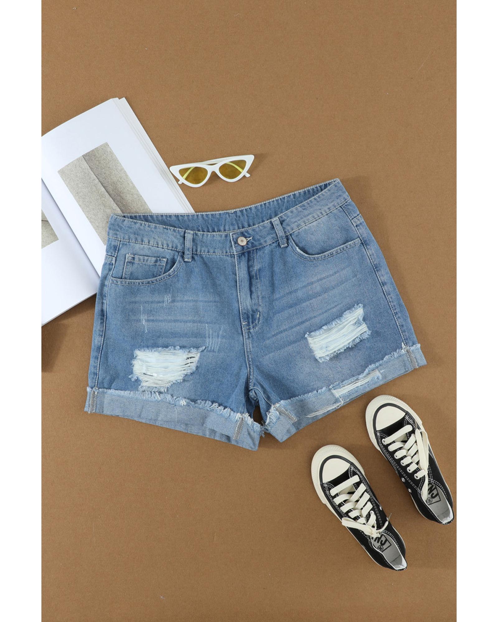 Azura Exchange Distressed Ripped Rolled Hem Sky Blue Denim Shorts - S 7