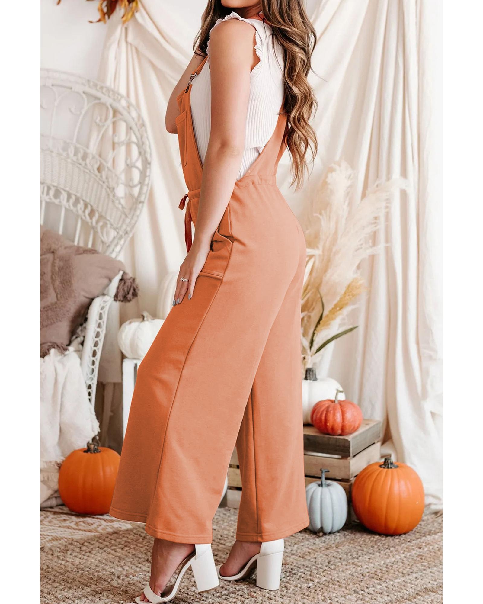 Orange Pocketed Drawstring Wide Leg Overalls - L