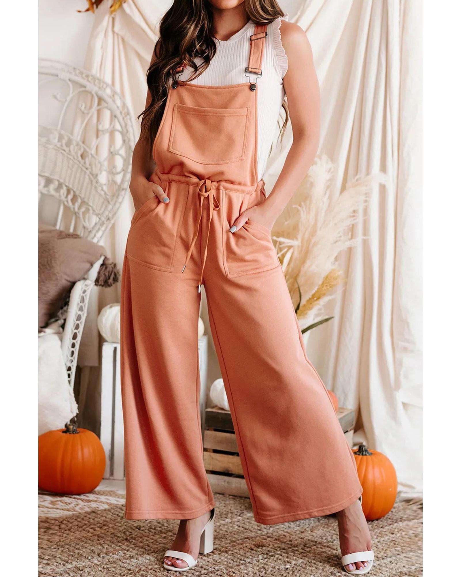 Orange Pocketed Drawstring Wide Leg Overalls - L 3
