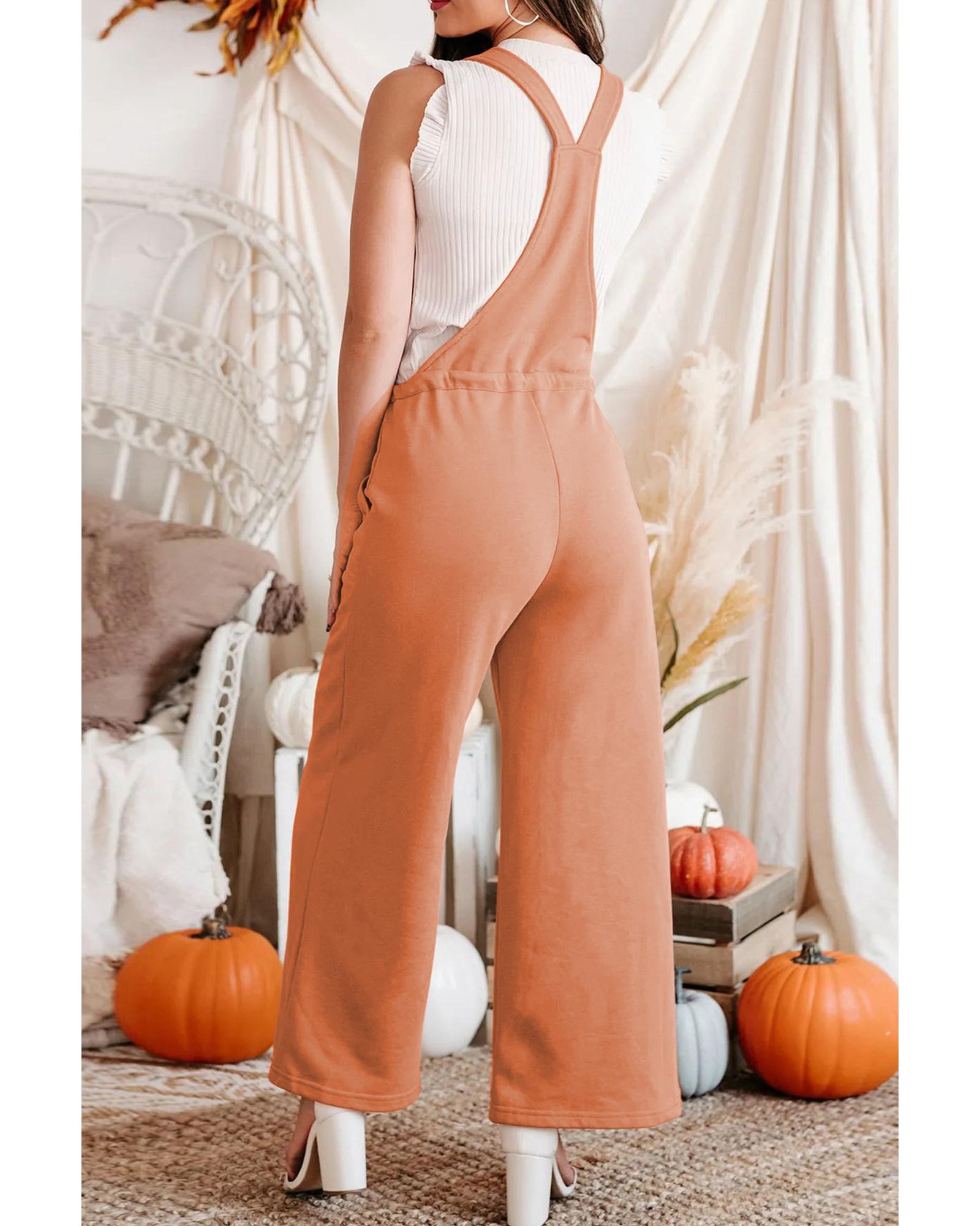 Orange Pocketed Drawstring Wide Leg Overalls - L 4