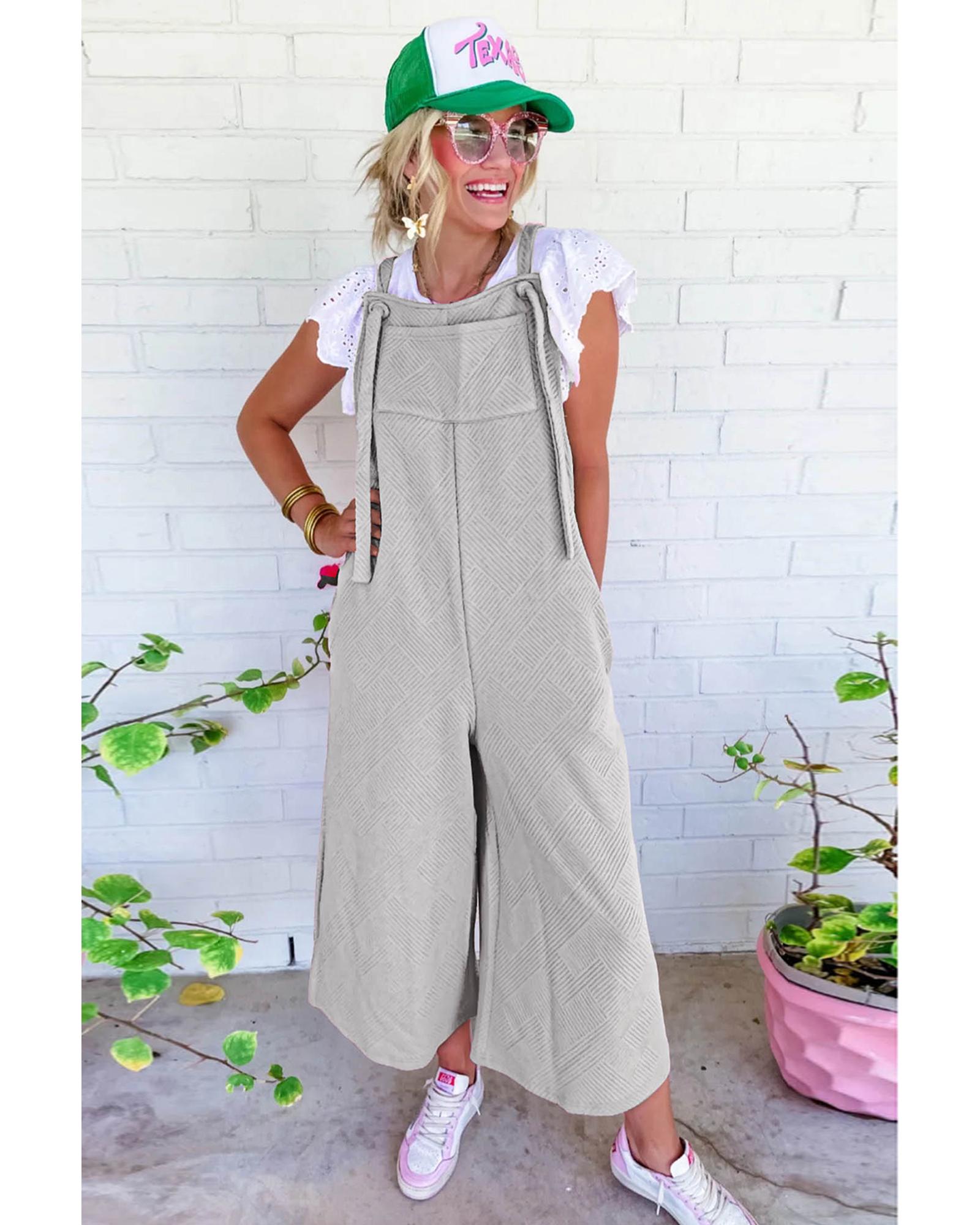 Light Grey Textured Self-Tie Strap Wide-Leg Overalls - M