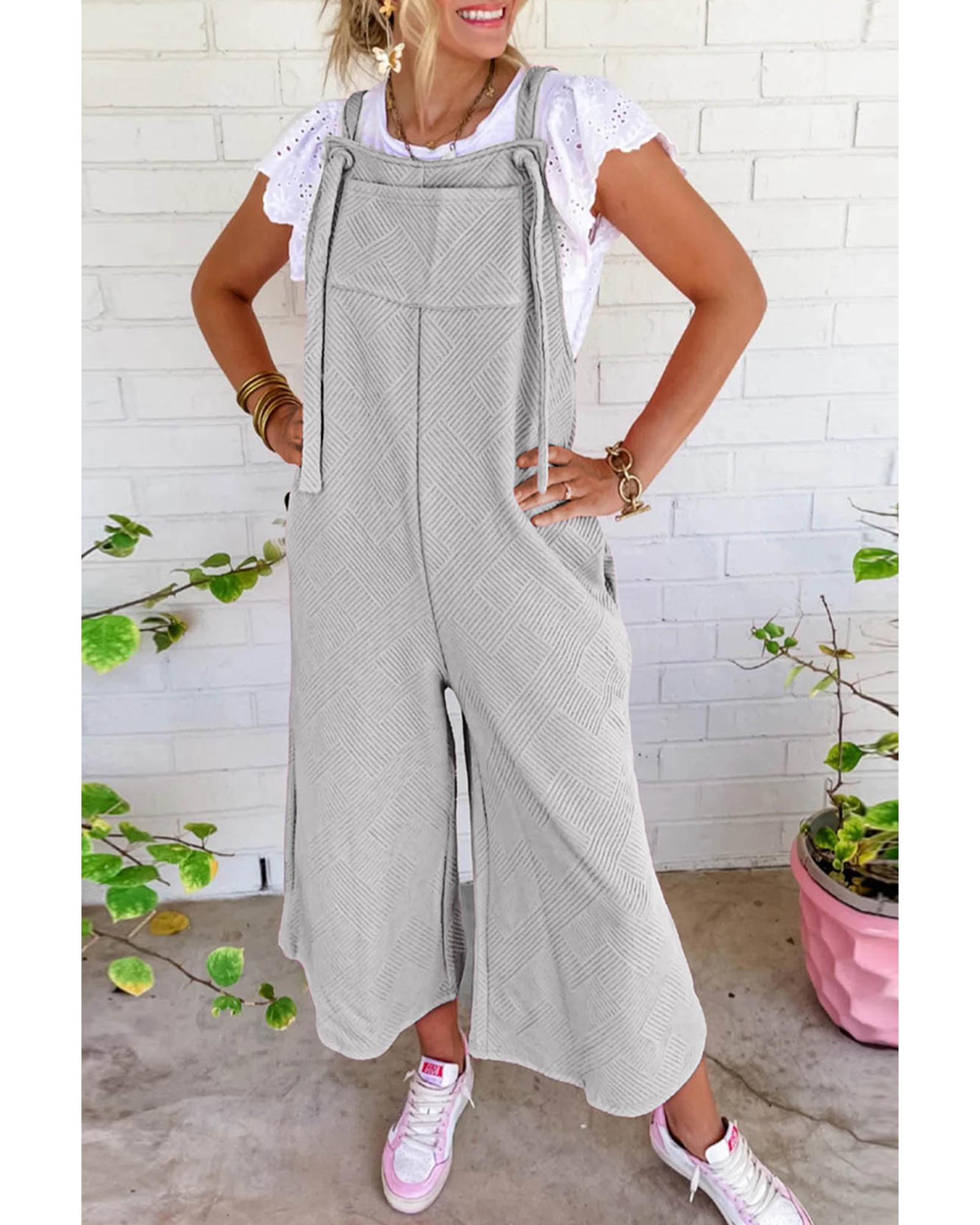 Light Grey Textured Self-Tie Strap Wide-Leg Overalls - M