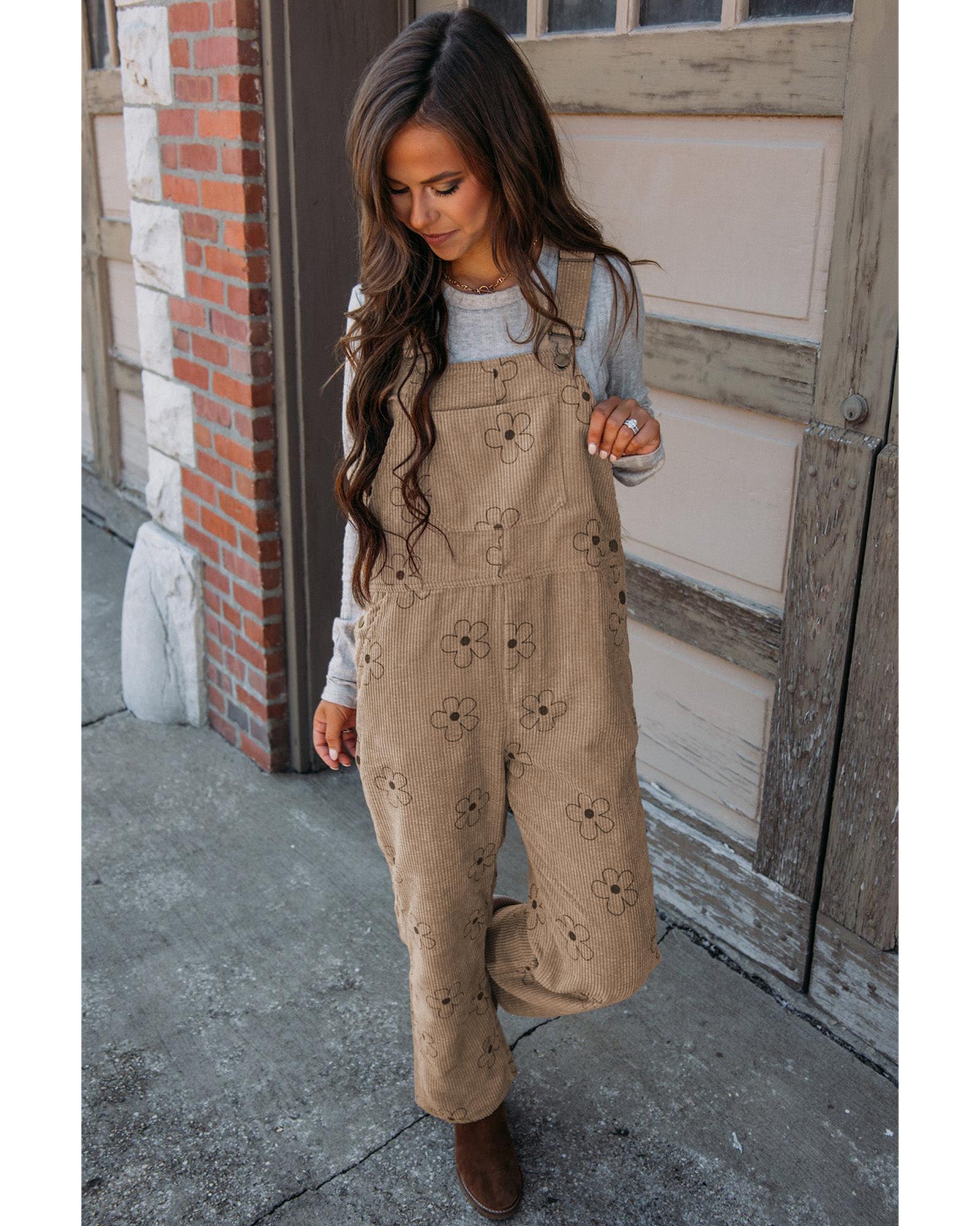 Khaki Flower Print Corduroy Overalls - M