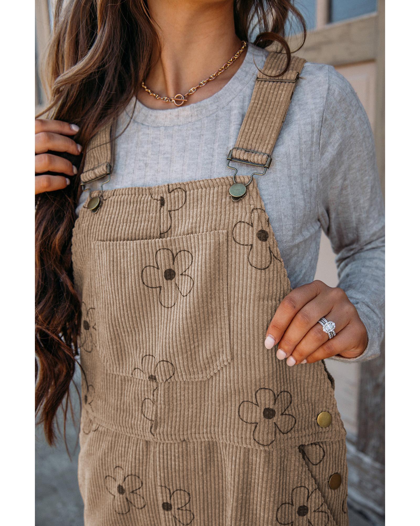 Khaki Flower Print Corduroy Overalls - M 4