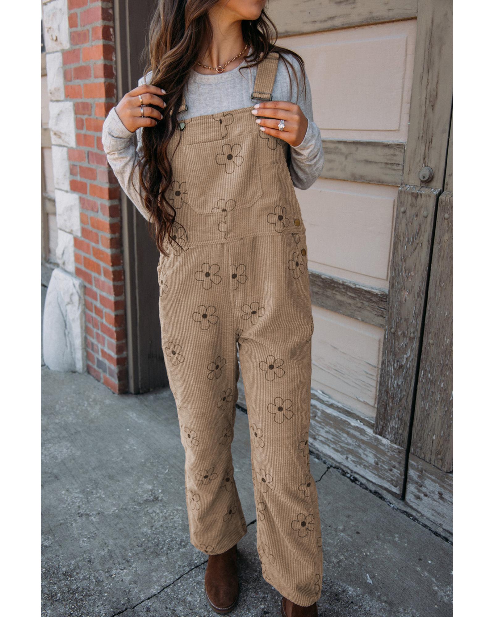 Khaki Flower Print Corduroy Overalls - M 5