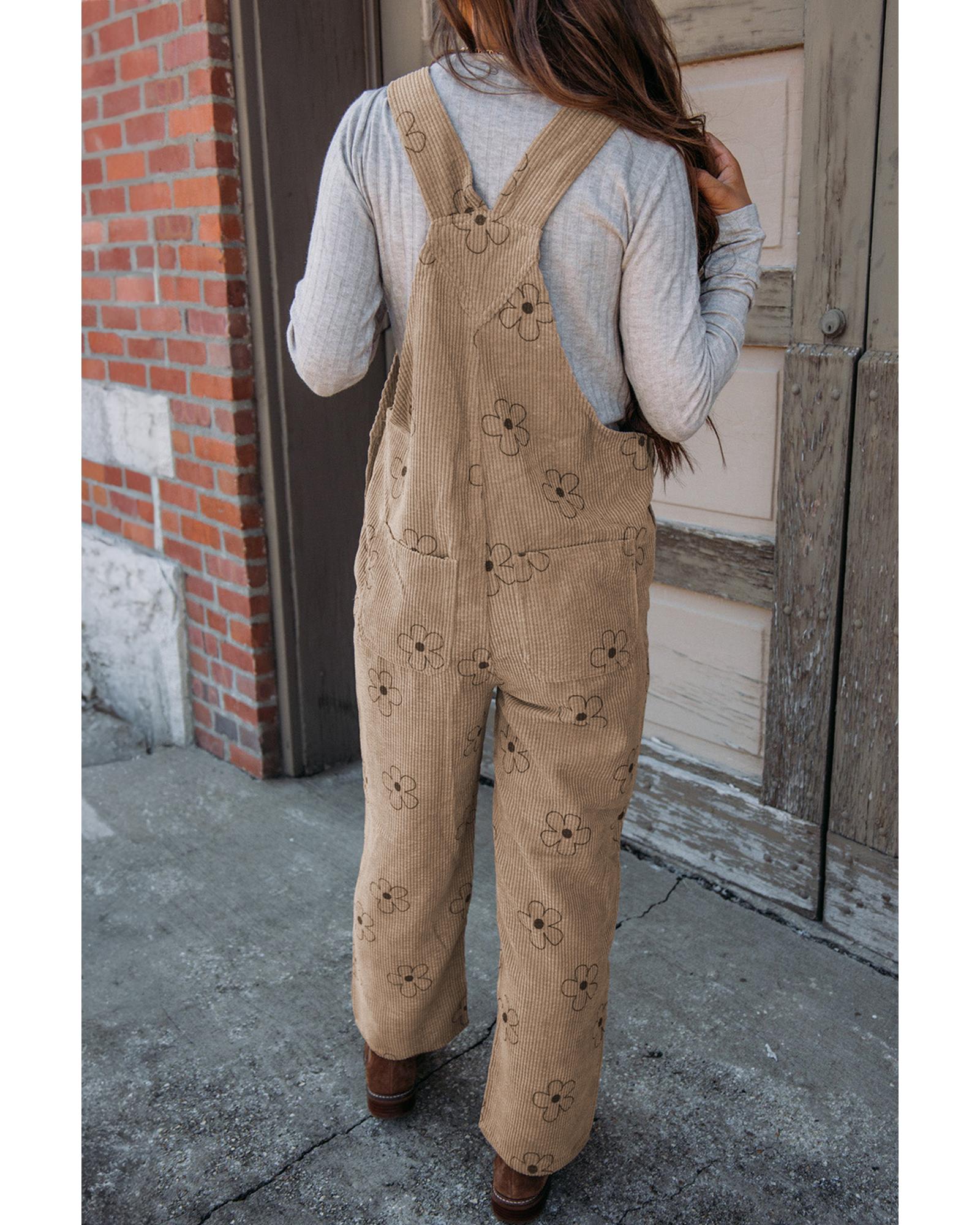 Khaki Flower Print Corduroy Overalls - XL