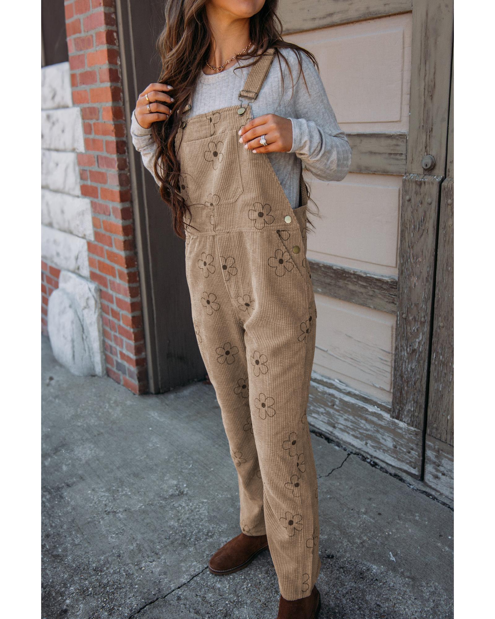 Khaki Flower Print Corduroy Overalls - XL 3