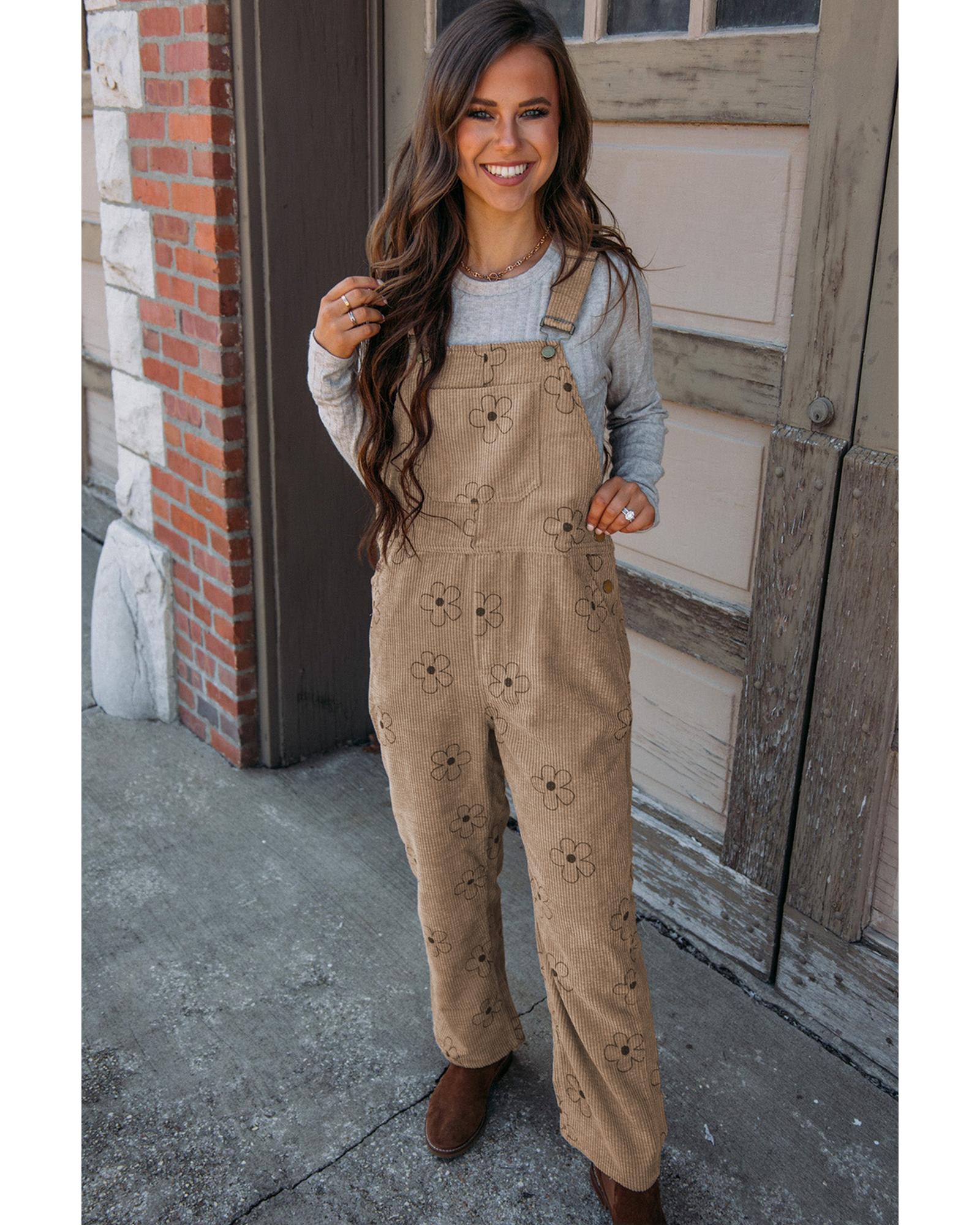 Khaki Flower Print Corduroy Overalls - XL 6