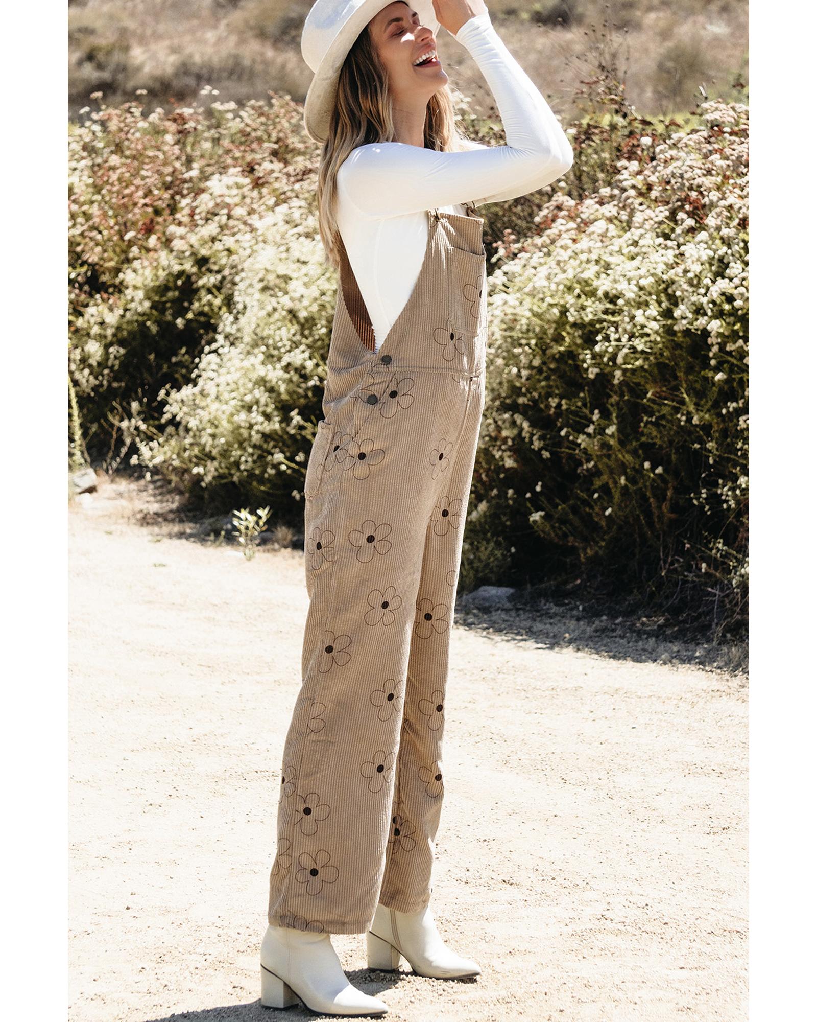 Khaki Flower Print Corduroy Overalls - XL 8