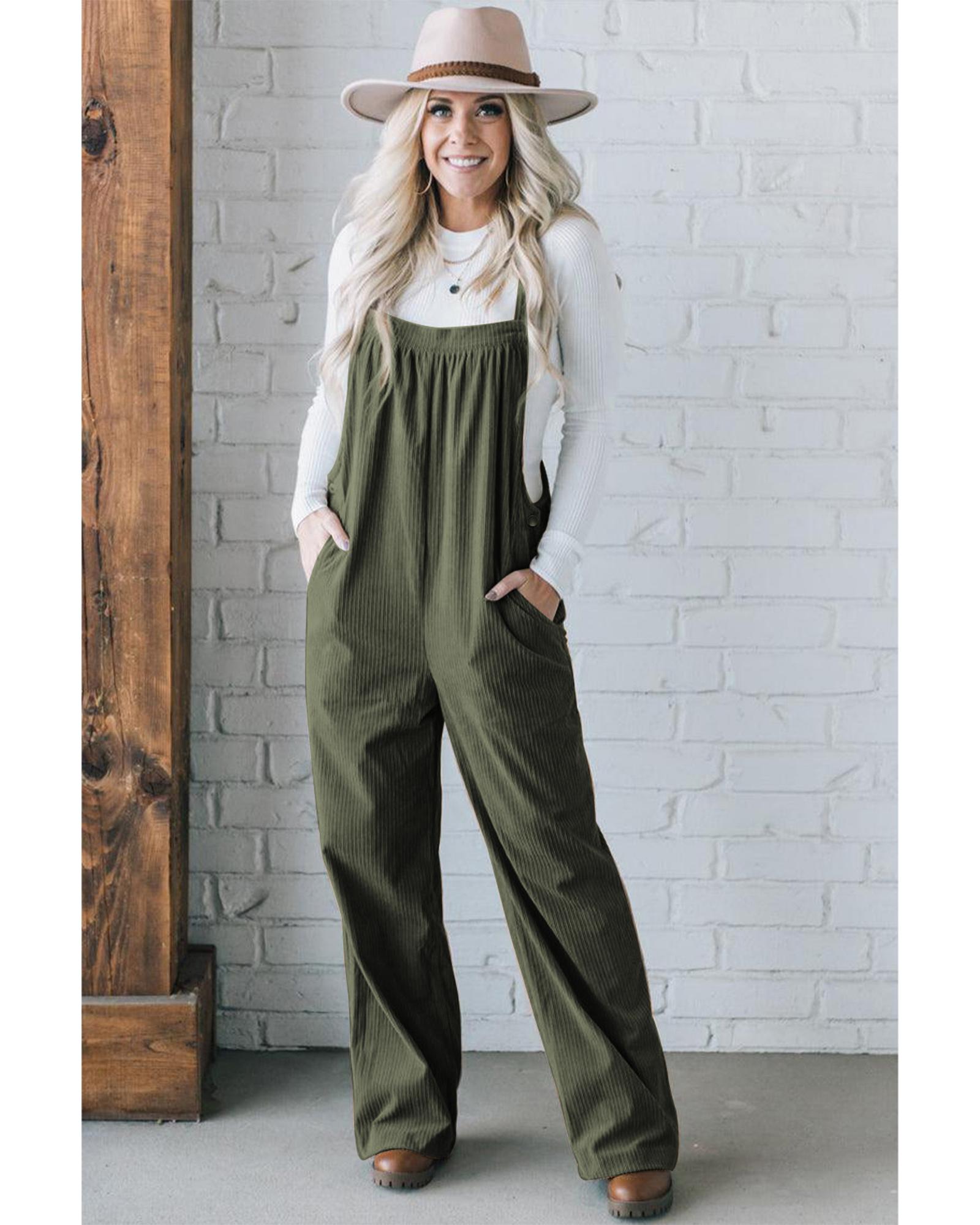 Jungle Green Solid Pocketed Loose Fit Corduroy Overall - L
