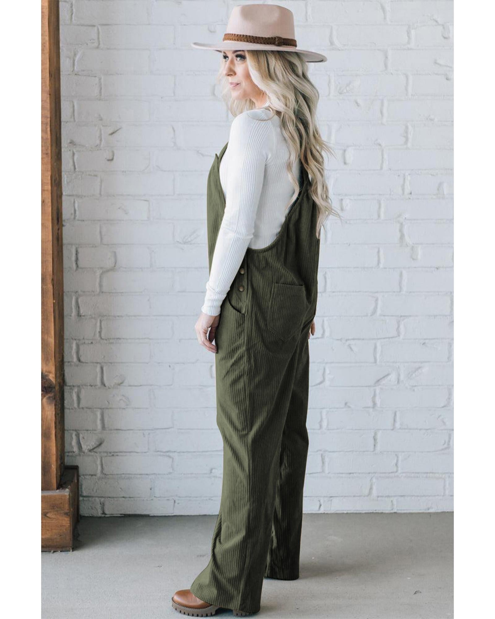 Jungle Green Solid Pocketed Loose Fit Corduroy Overall - XL