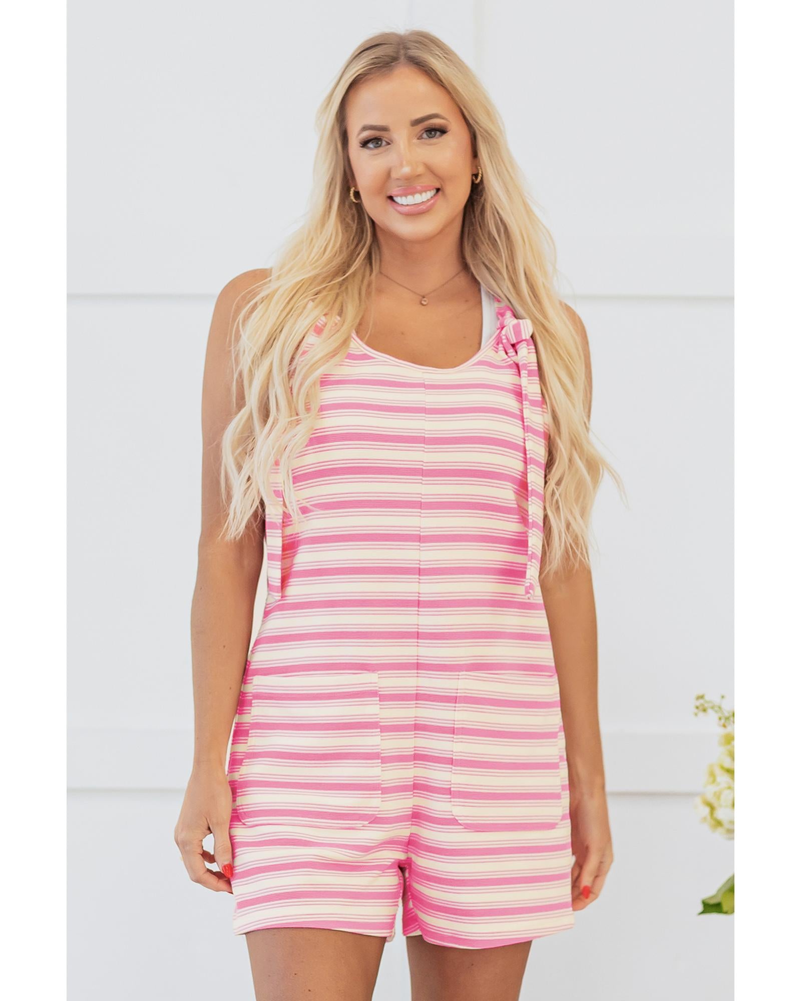 Pink Stripe Knotted Strap Patched Pocket Romper - L 5