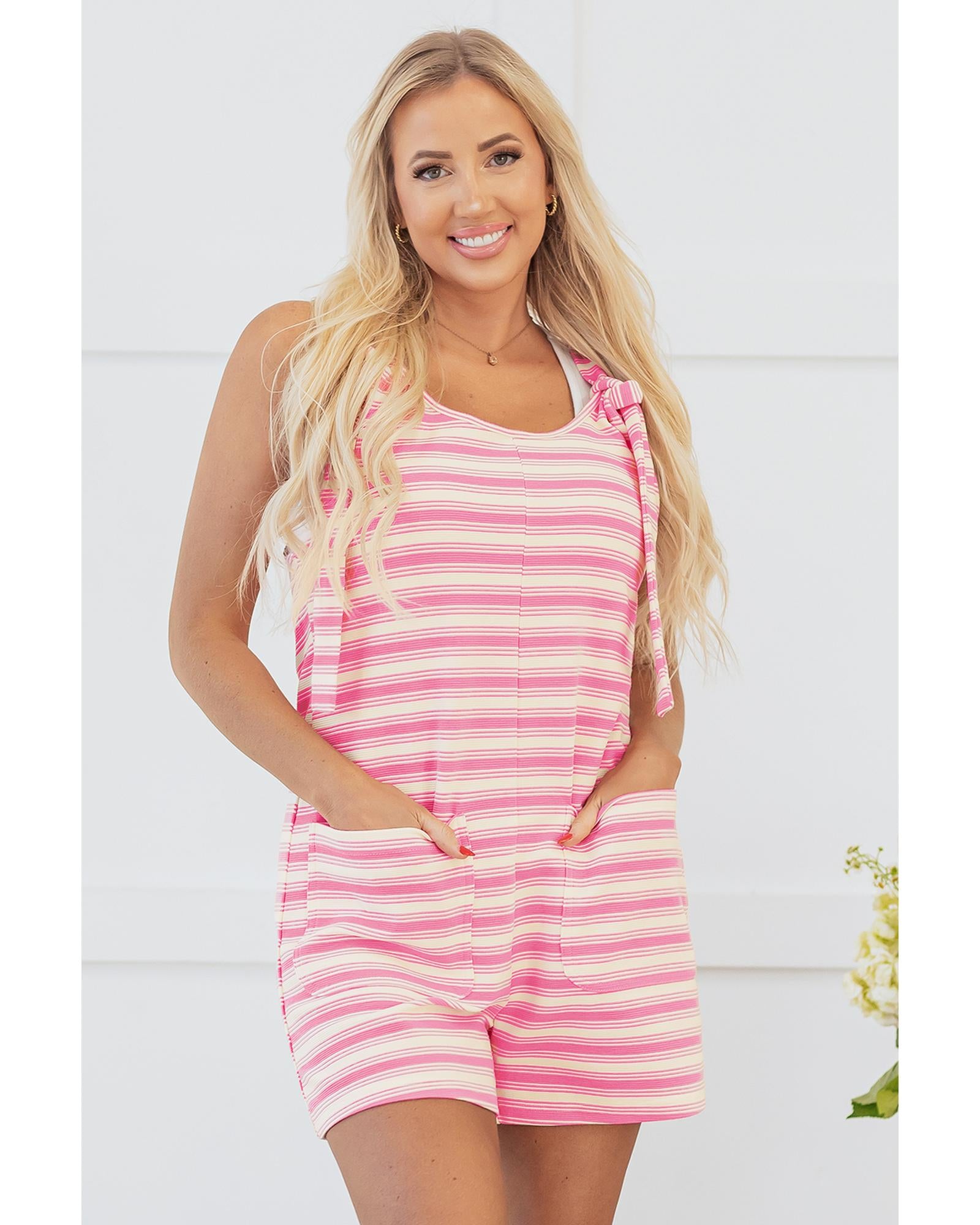 Pink Stripe Knotted Strap Patched Pocket Romper - S 4
