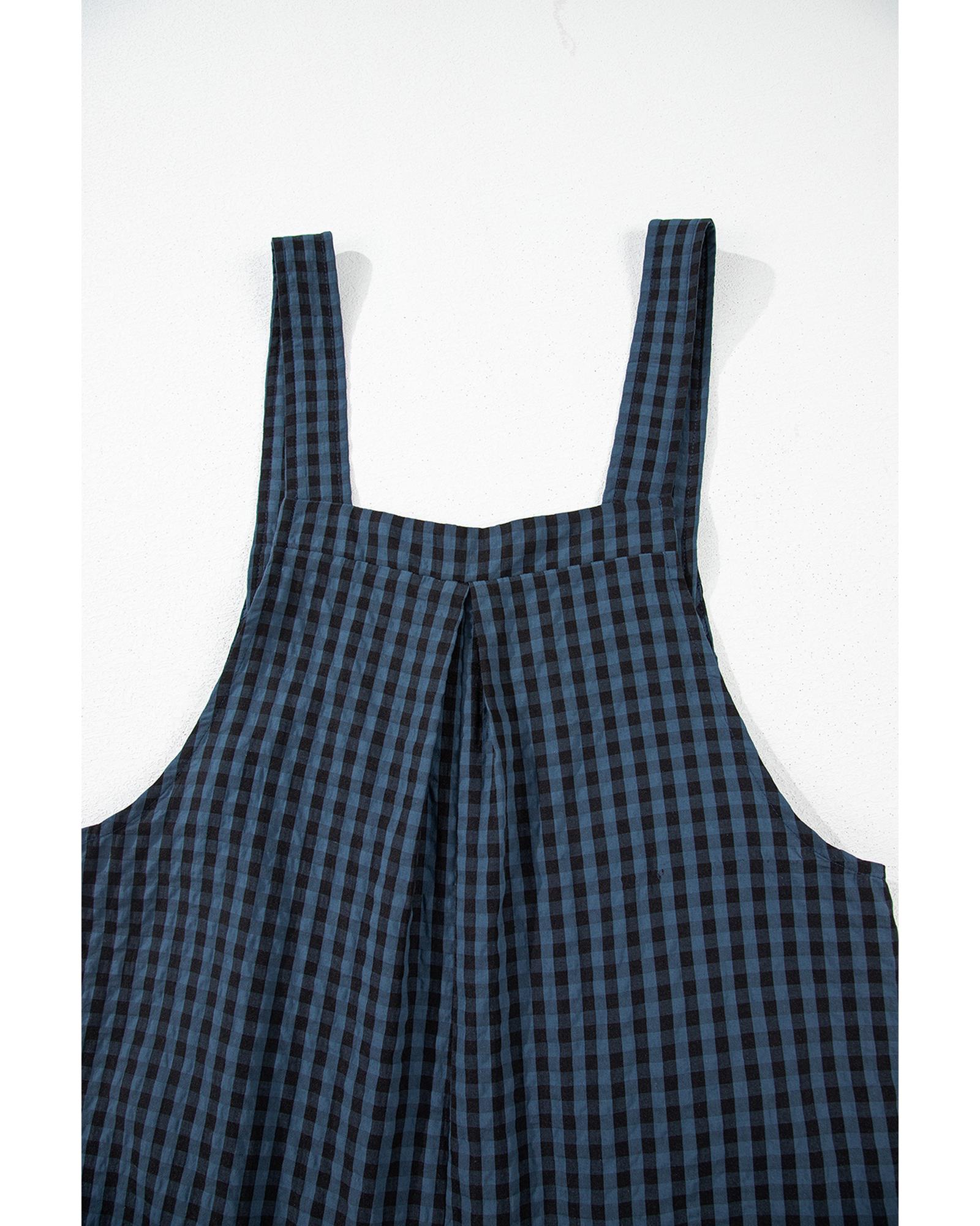 Sail Blue Plaid Print Buttoned Pocketed High Waist Overall - XL
