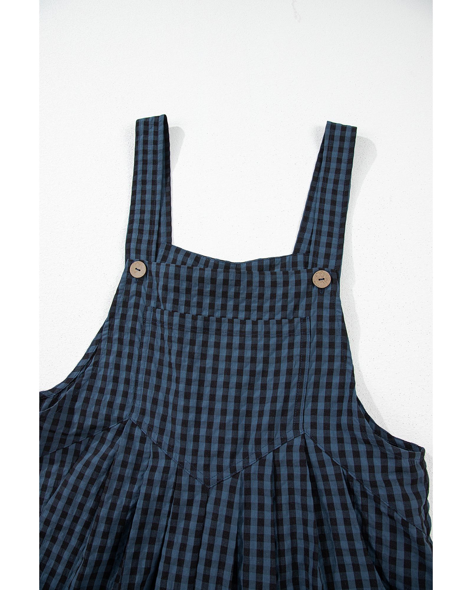 Sail Blue Plaid Print Buttoned Pocketed High Waist Overall - XL 3