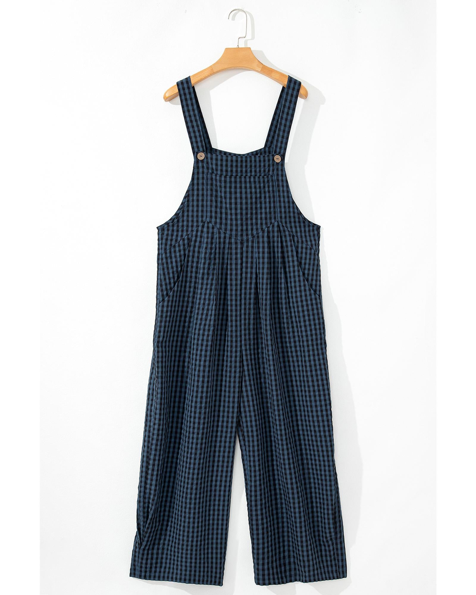 Sail Blue Plaid Print Buttoned Pocketed High Waist Overall - XL 4