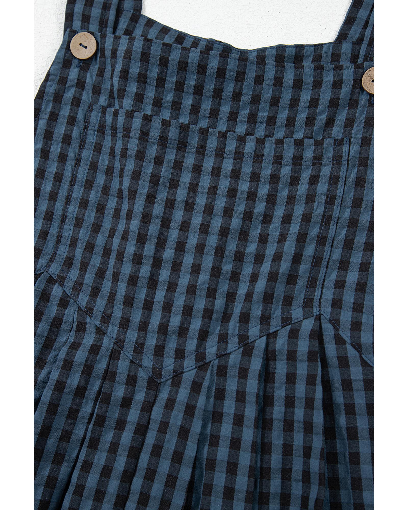 Sail Blue Plaid Print Buttoned Pocketed High Waist Overall - XL 7