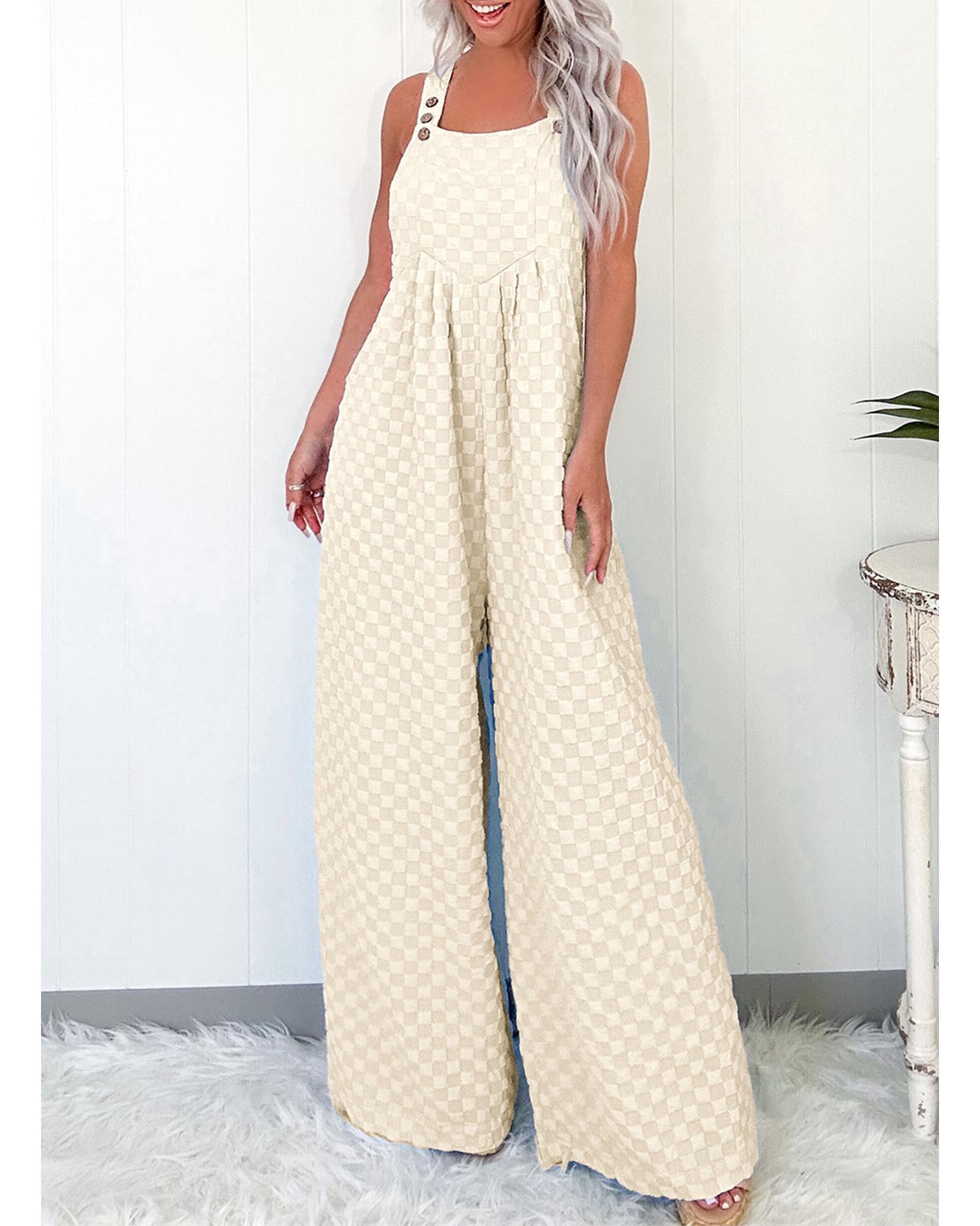 Beige Checkered Pocketed High Waist Wide Leg Overall - XL
