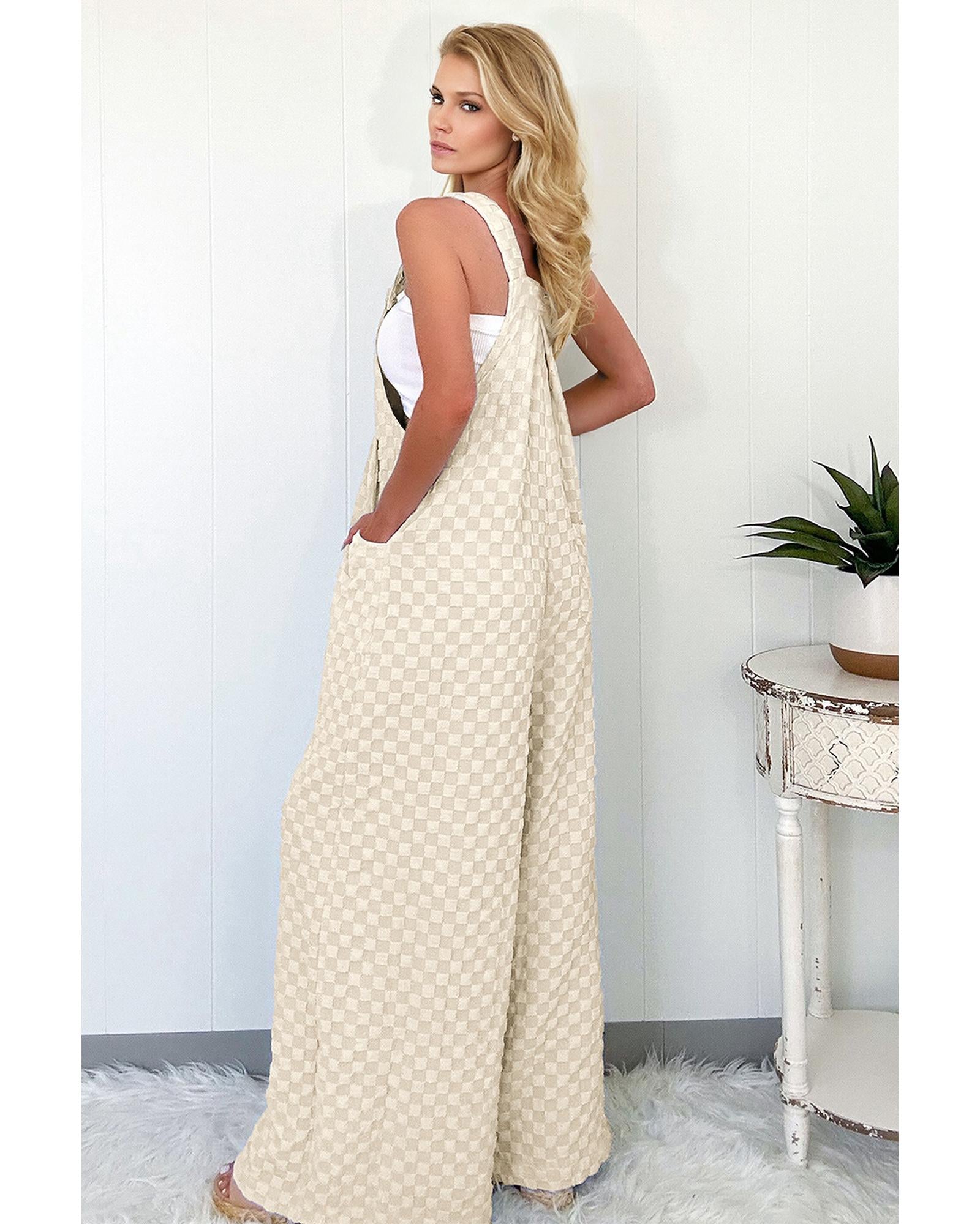 Beige Checkered Pocketed High Waist Wide Leg Overall - XL