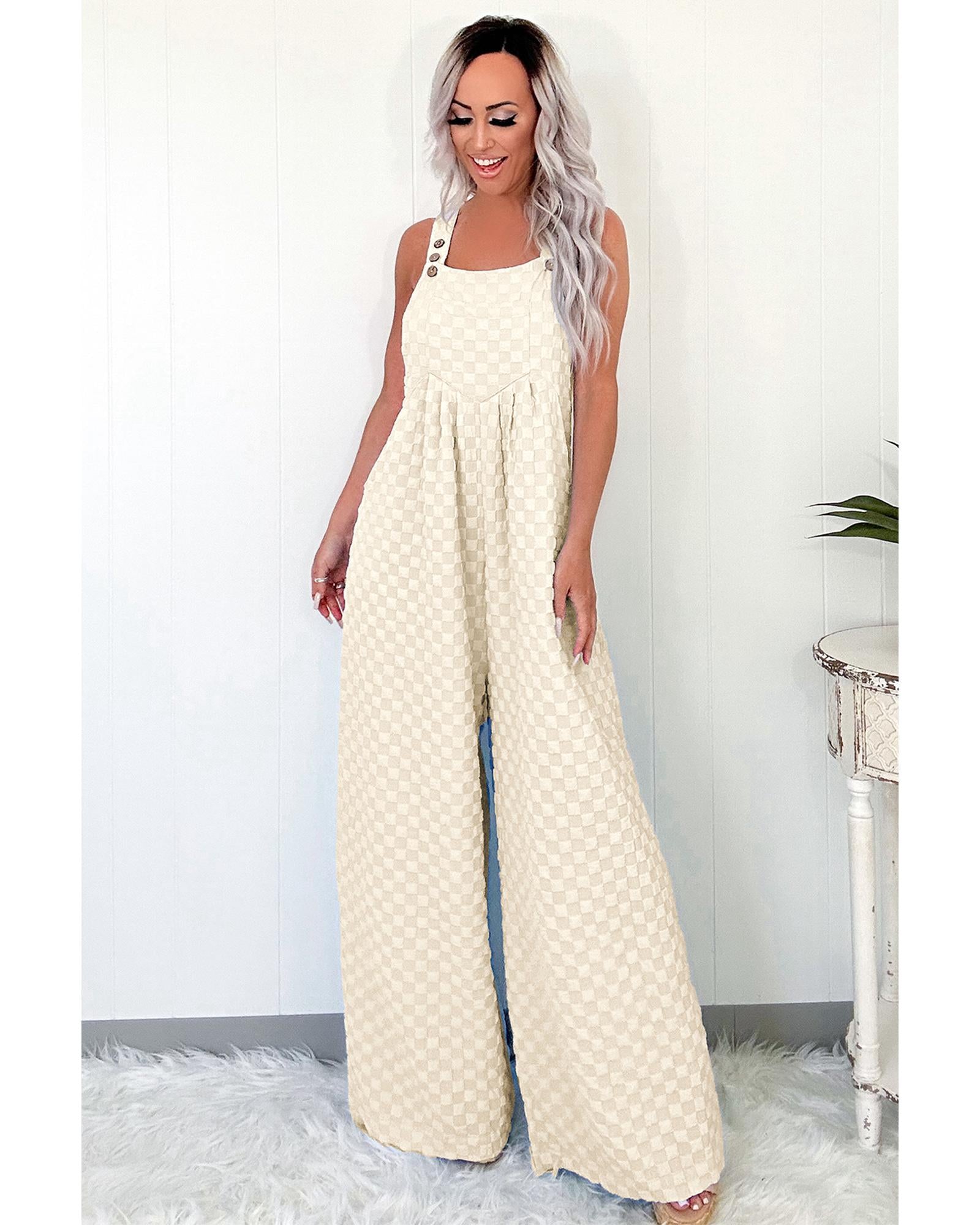 Beige Checkered Pocketed High Waist Wide Leg Overall - XL 3