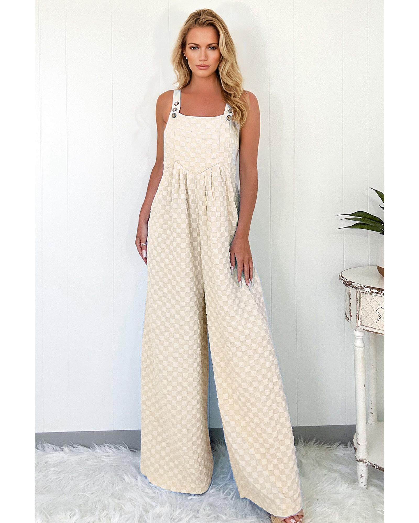 Beige Checkered Pocketed High Waist Wide Leg Overall - XL 4