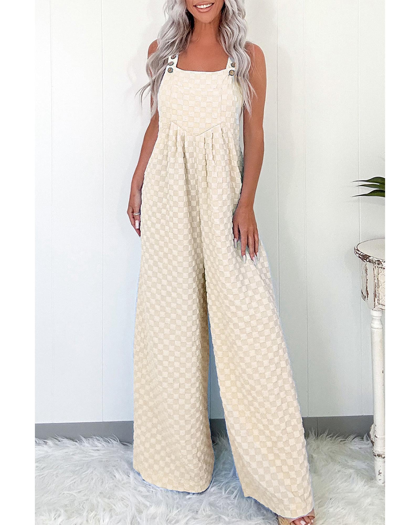 Beige Checkered Pocketed High Waist Wide Leg Overall - XL 5