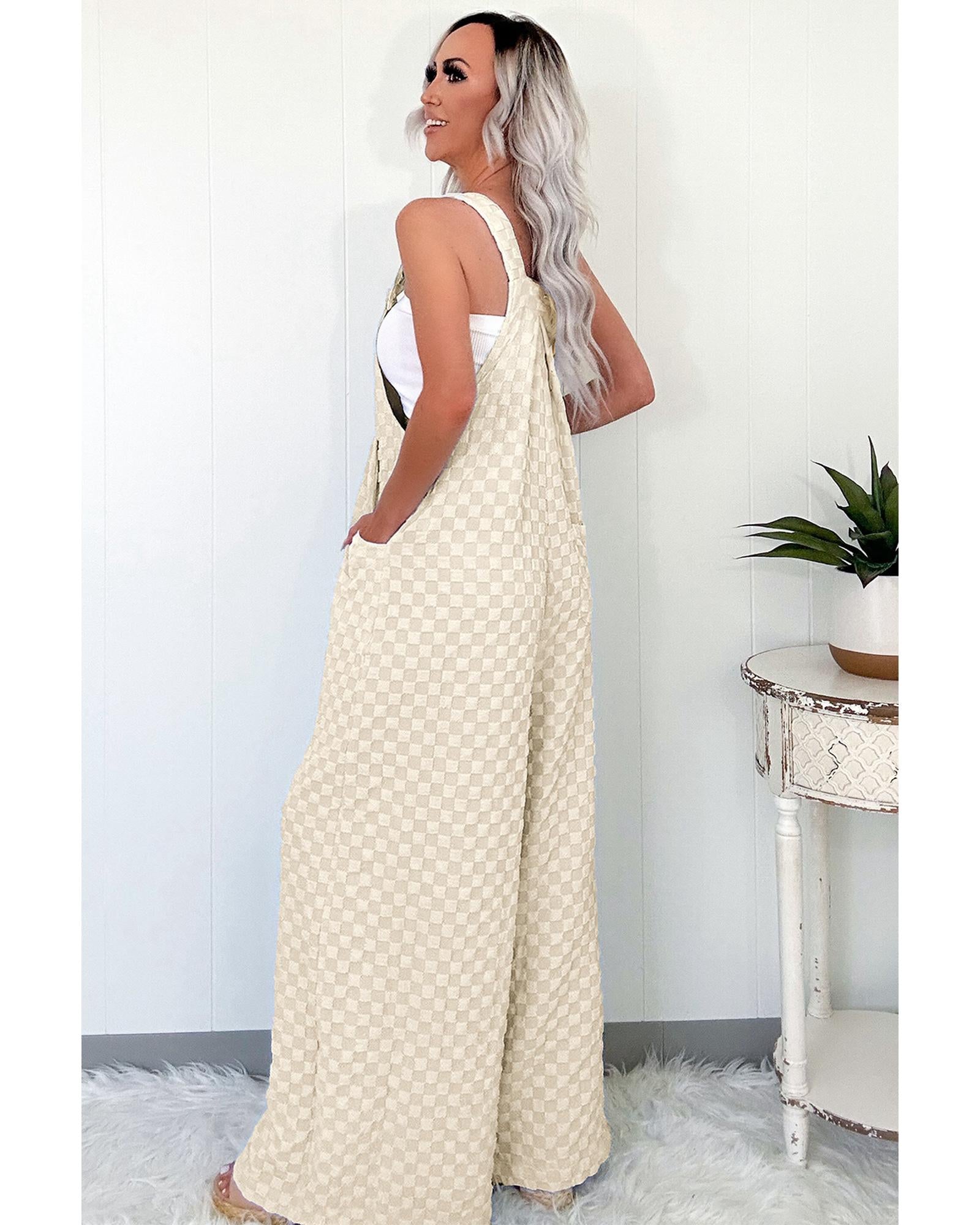 Beige Checkered Pocketed High Waist Wide Leg Overall - XL 6