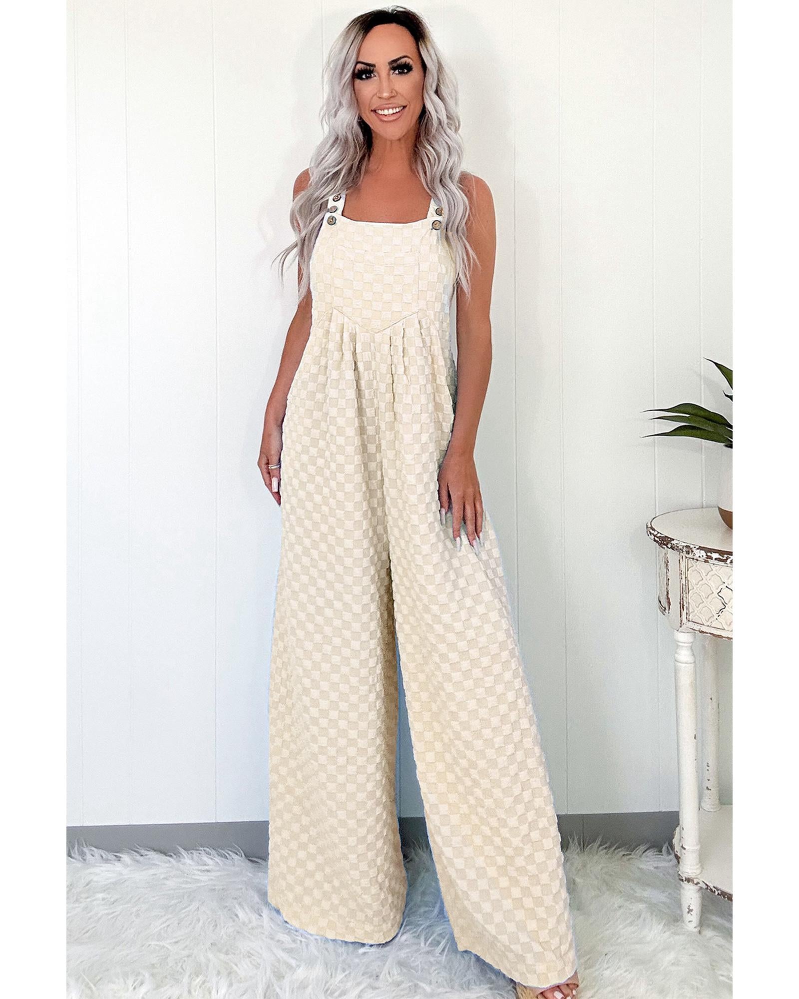 Beige Checkered Pocketed High Waist Wide Leg Overall - XL 7