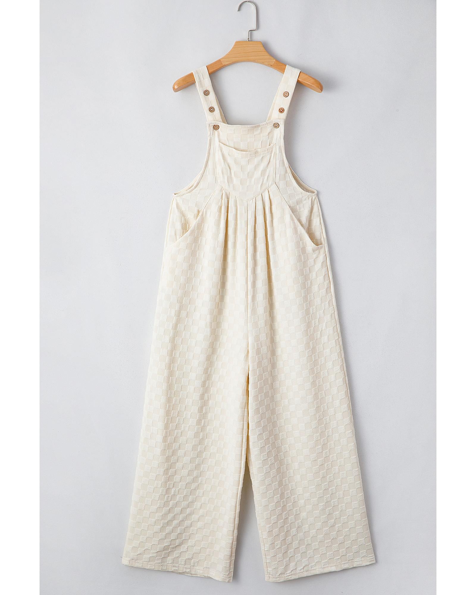 Beige Checkered Pocketed High Waist Wide Leg Overall - XL 8