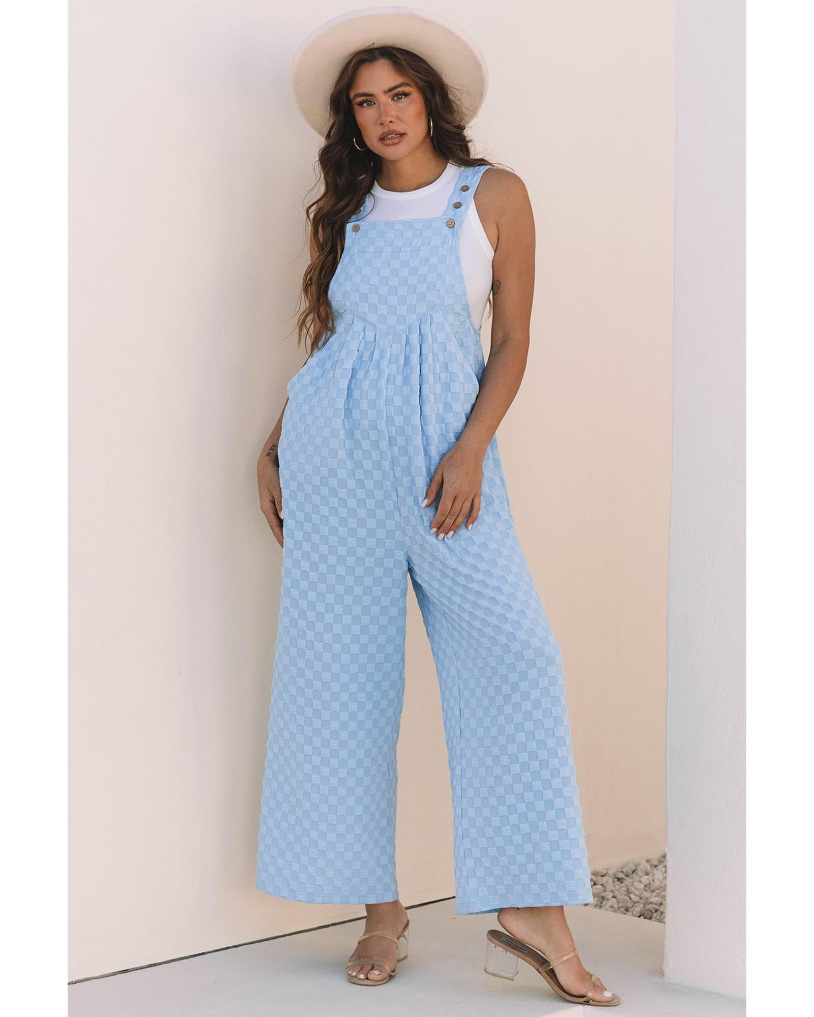 Beau Blue Checkered Pocketed High Waist Wide Leg Overall - M