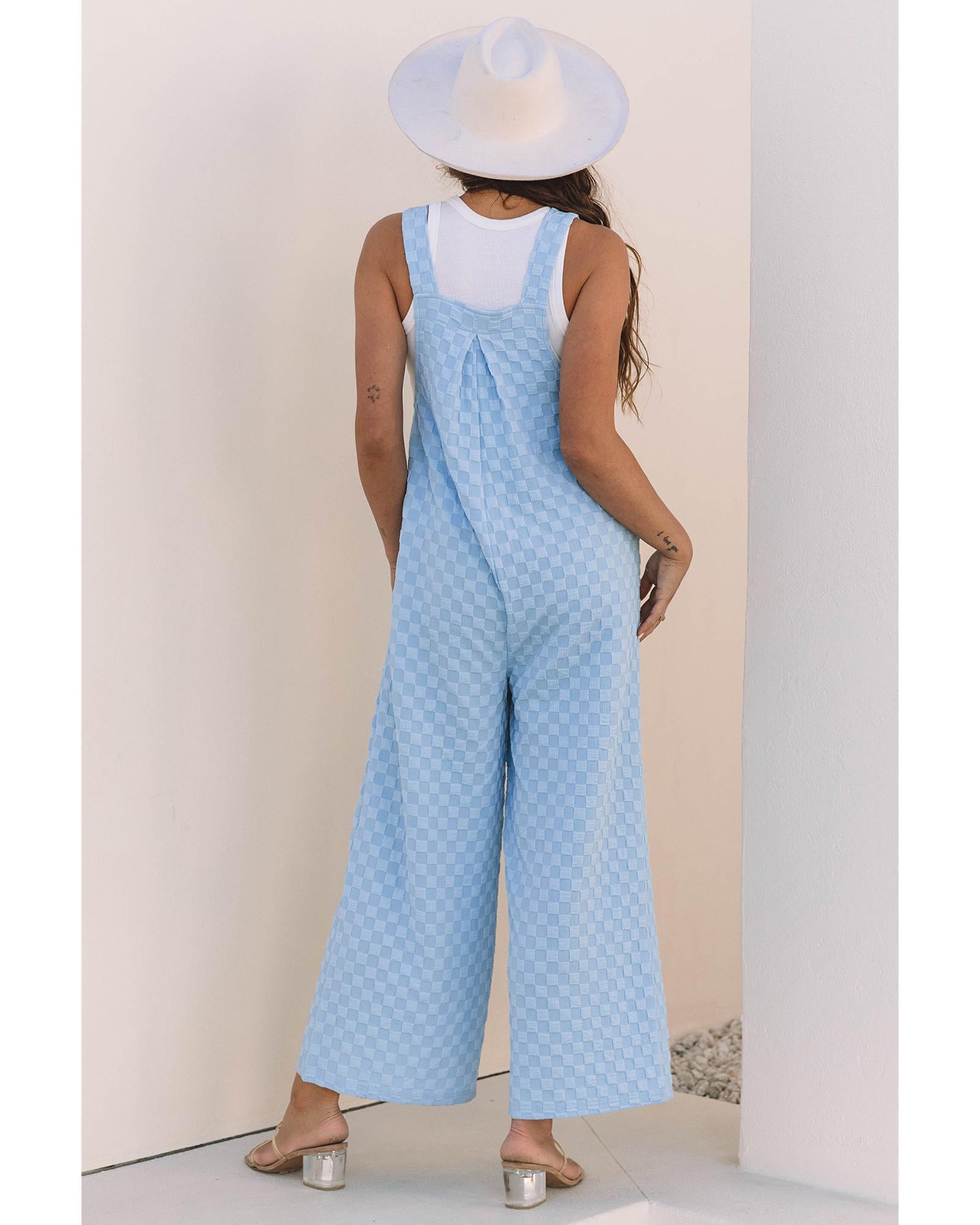 Beau Blue Checkered Pocketed High Waist Wide Leg Overall - S