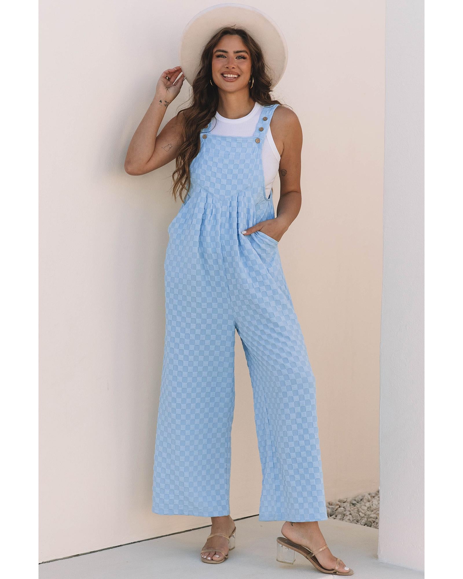 Beau Blue Checkered Pocketed High Waist Wide Leg Overall - S 5