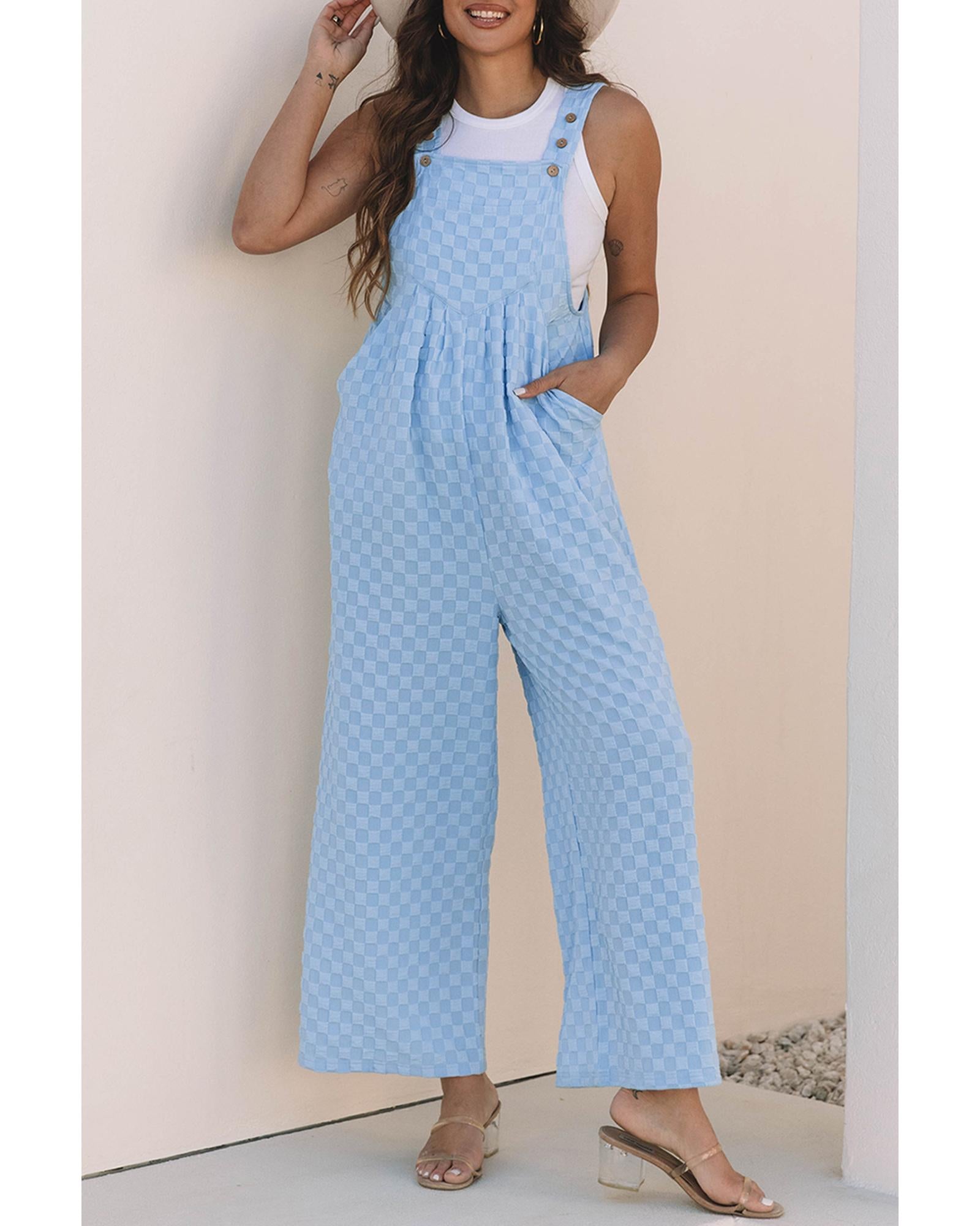 Beau Blue Checkered Pocketed High Waist Wide Leg Overall - S 6