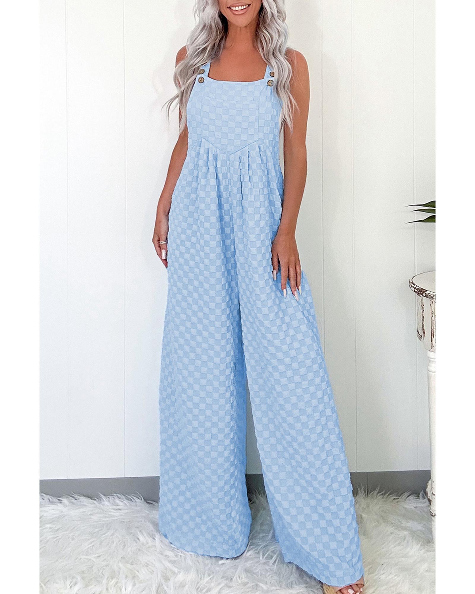 Beau Blue Checkered Pocketed High Waist Wide Leg Overall - S 7