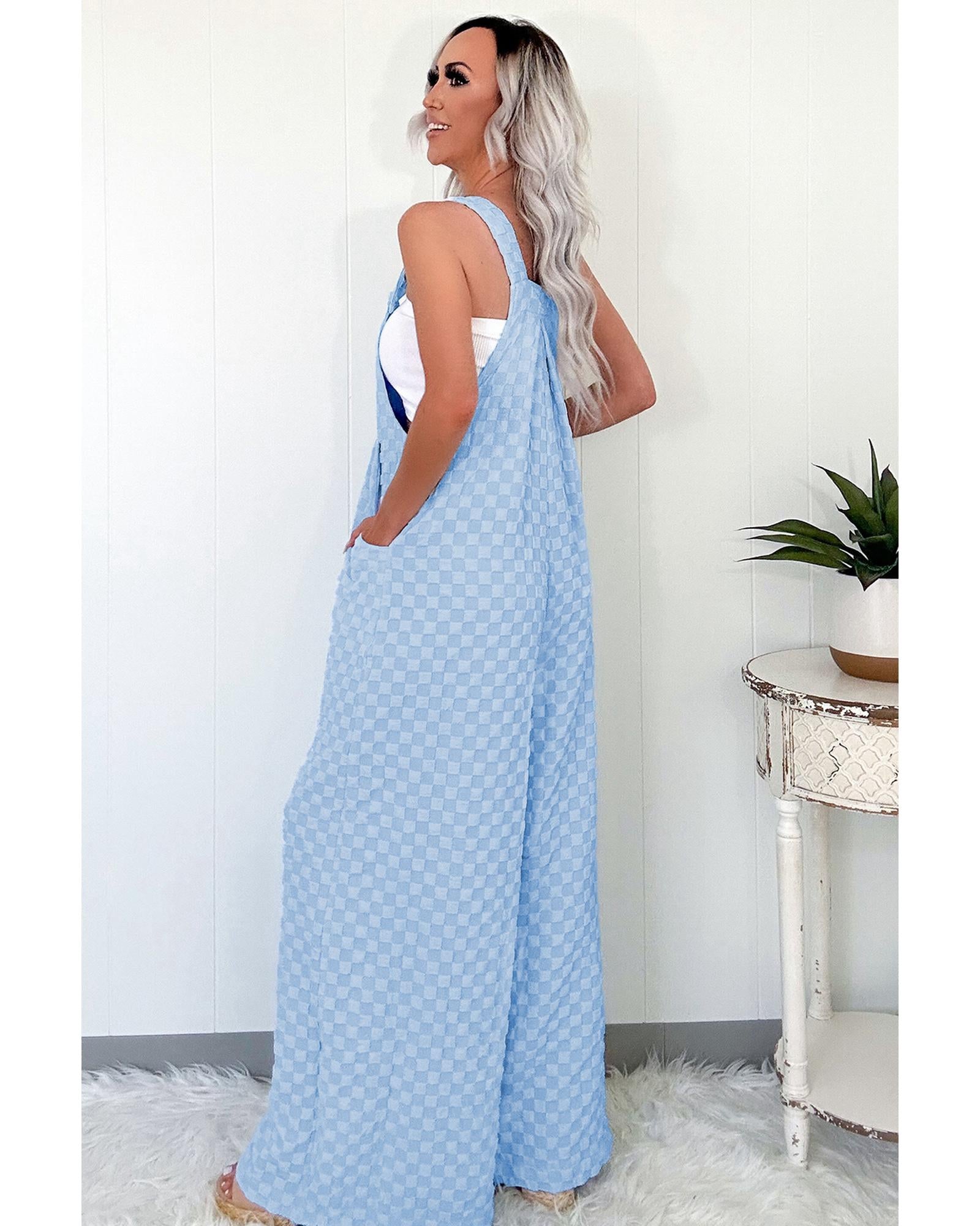 Beau Blue Checkered Pocketed High Waist Wide Leg Overall - S 8