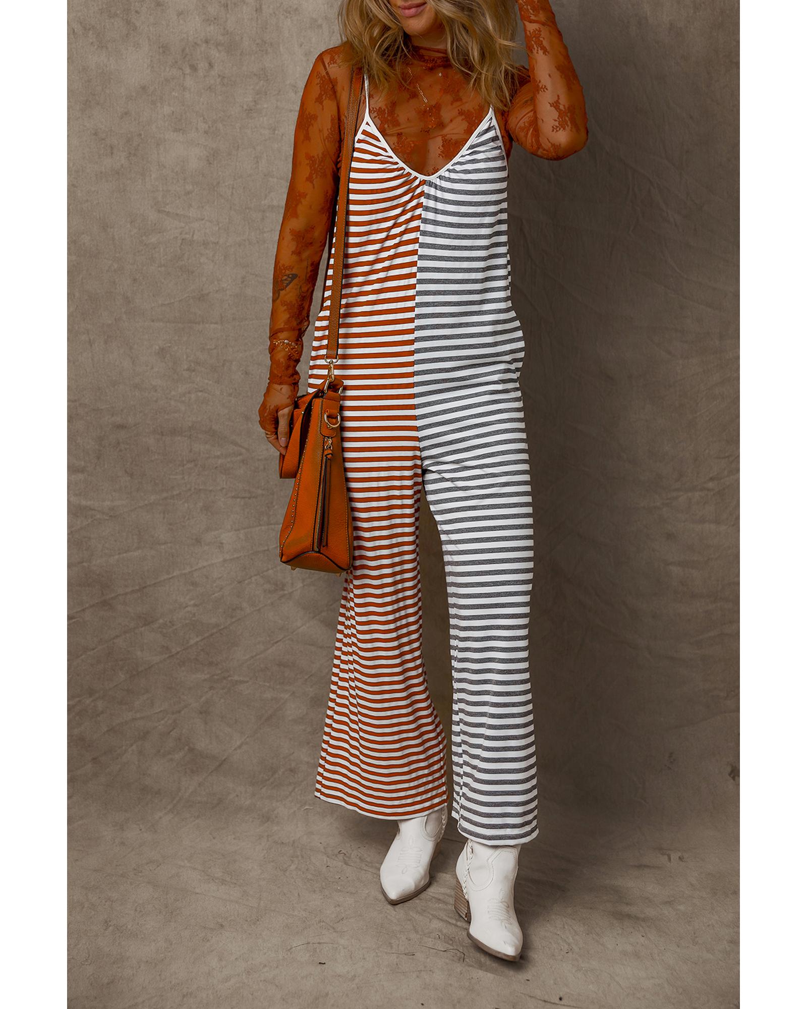 Yellow Stripe Two Tone Contrast Spaghetti Strap Backless Overall - M 3