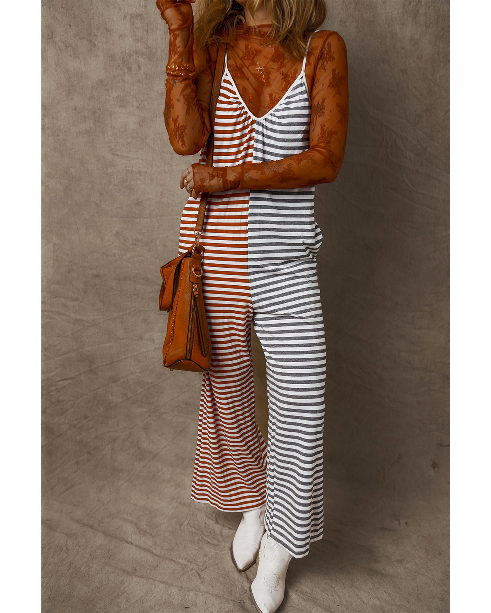 Yellow Stripe Two Tone Contrast Spaghetti Strap Backless Overall - M 4