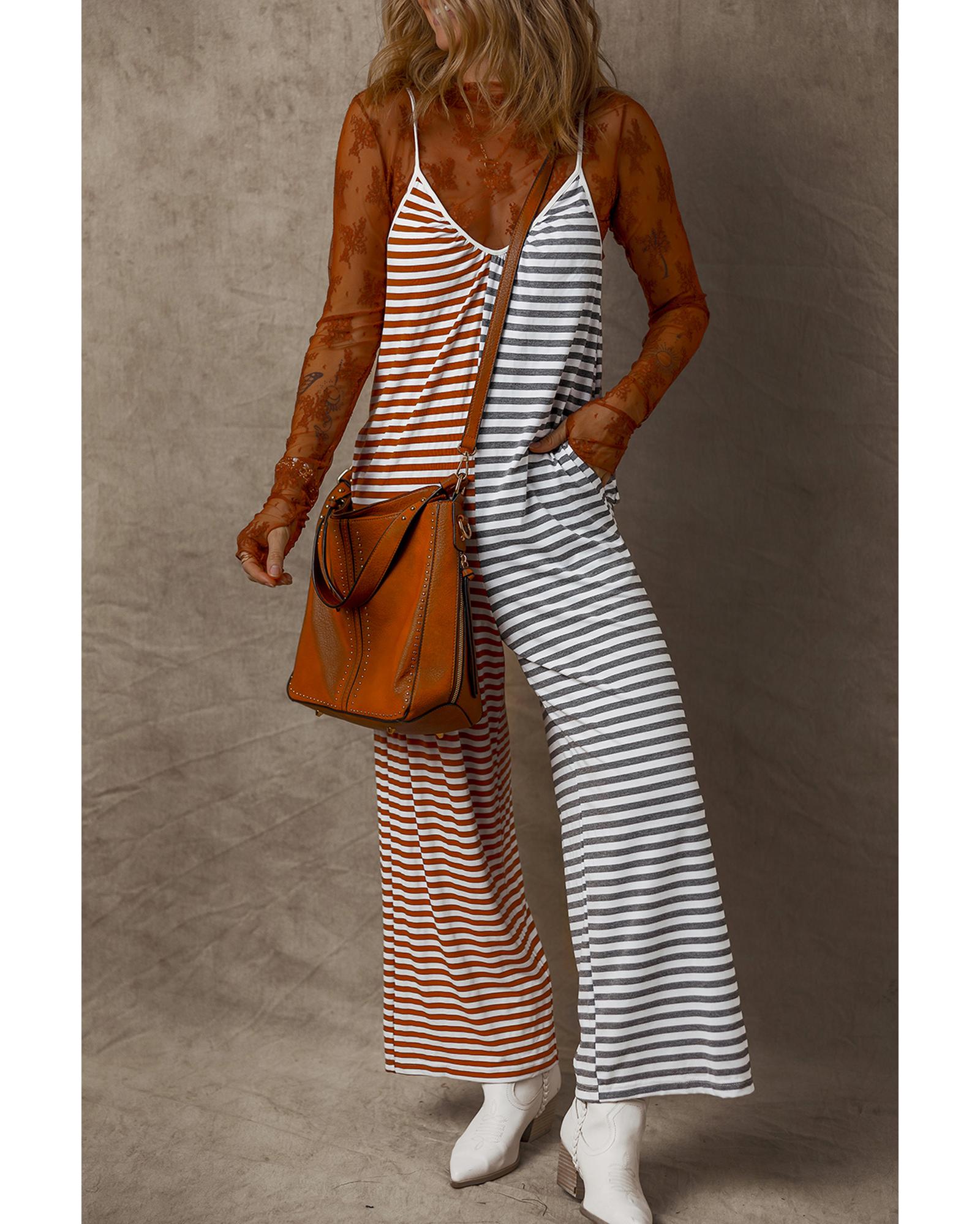 Yellow Stripe Two Tone Contrast Spaghetti Strap Backless Overall - M 5