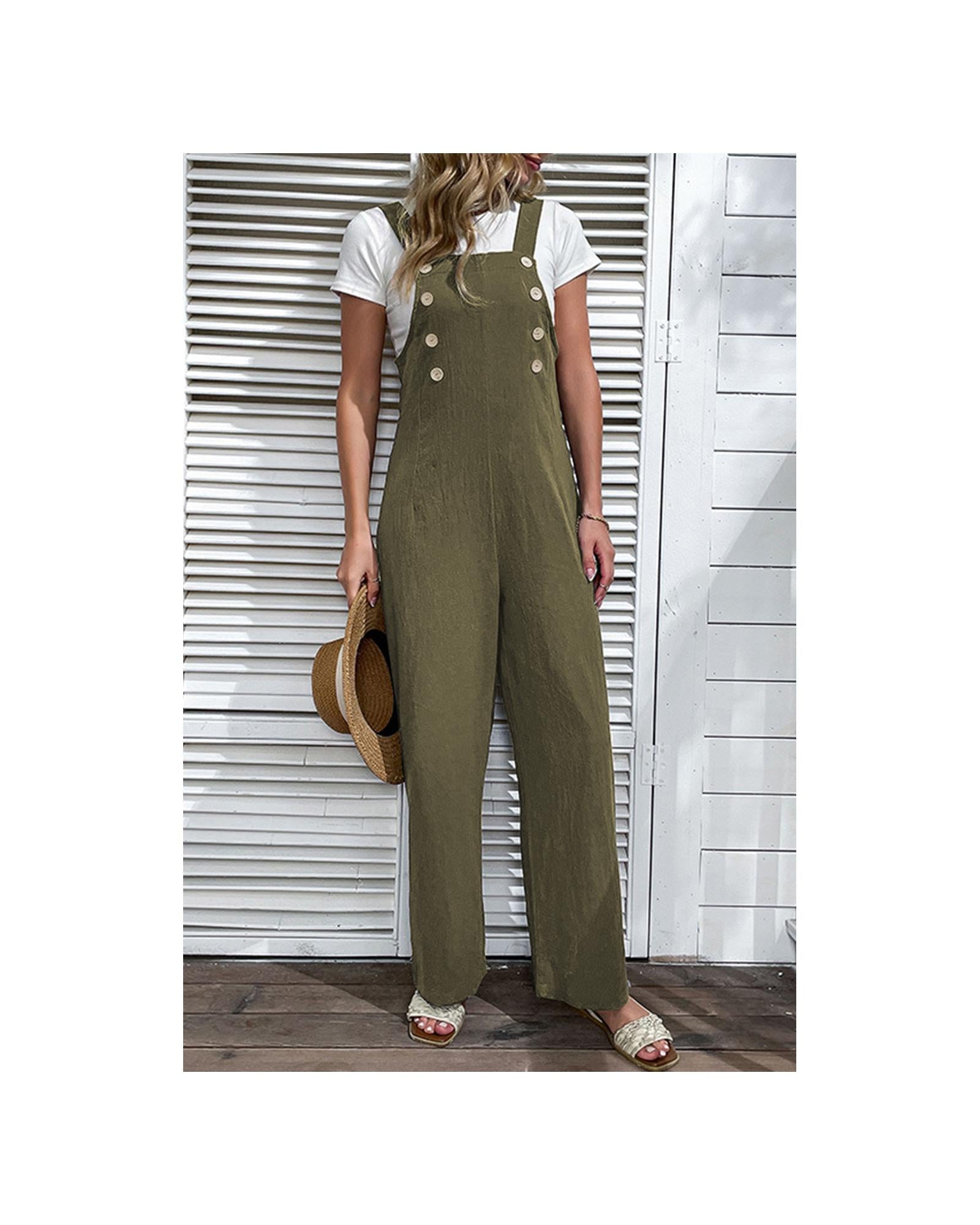 Jungle Green Solid Color Buttoned Straight Leg Overall - L