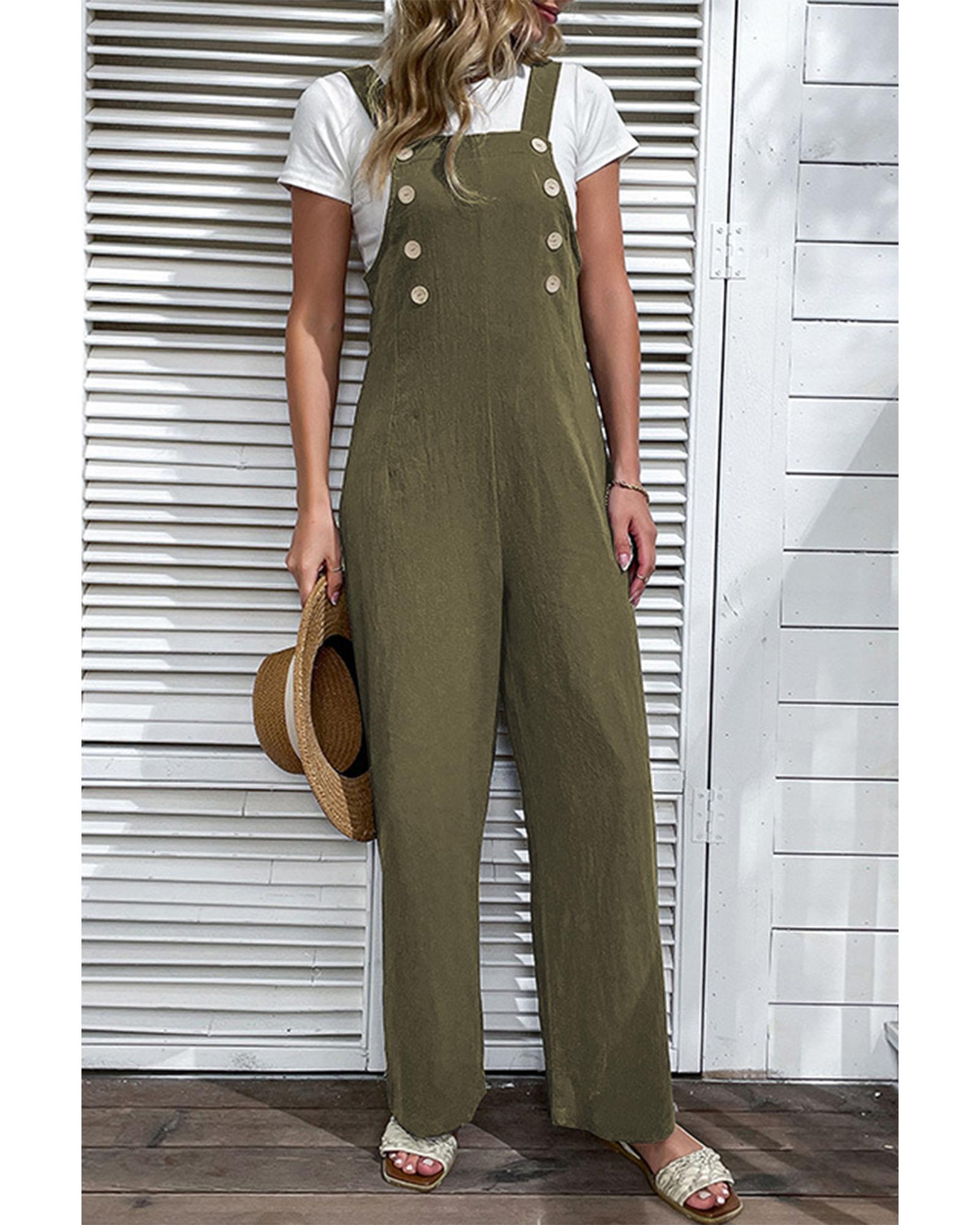 Jungle Green Solid Color Buttoned Straight Leg Overall - M